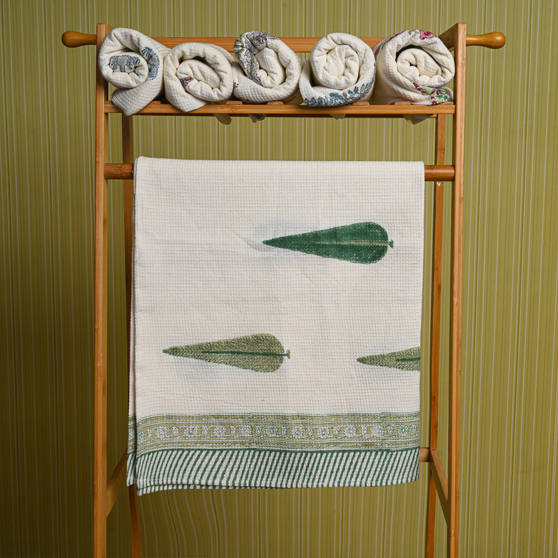 Cotton Waffle Green Cheerful Marrows Blockprint Bath Towel