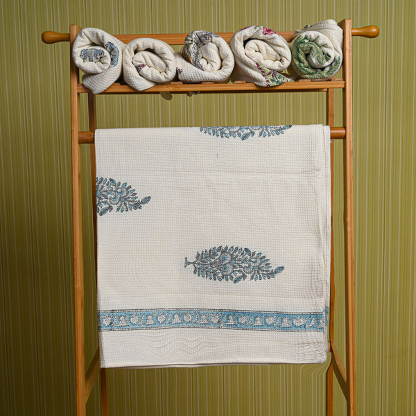 Cotton Waffle White Blue Morning Glory Blockprint Bath Towel