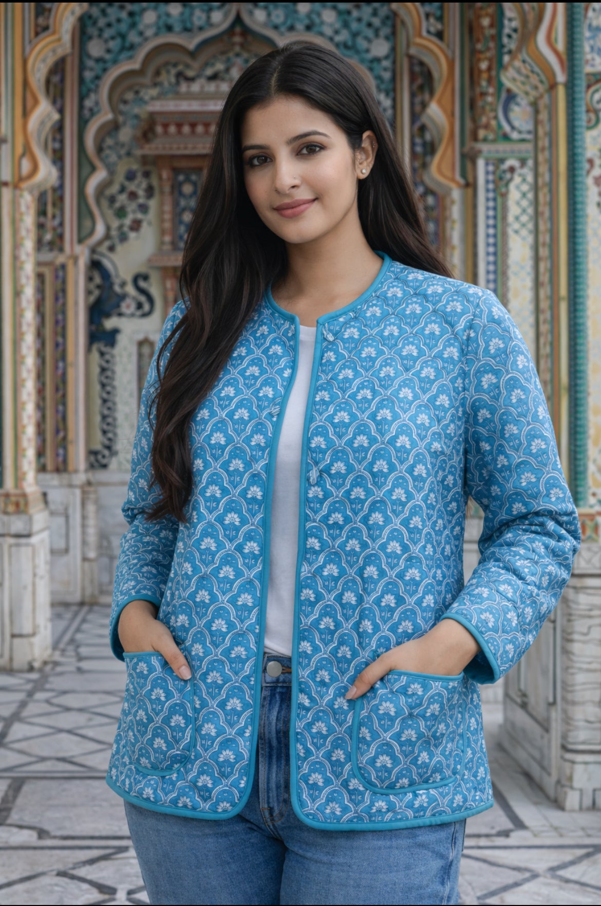 Cotton Women's Fullsleeves Jacket Light Blue-White Floral