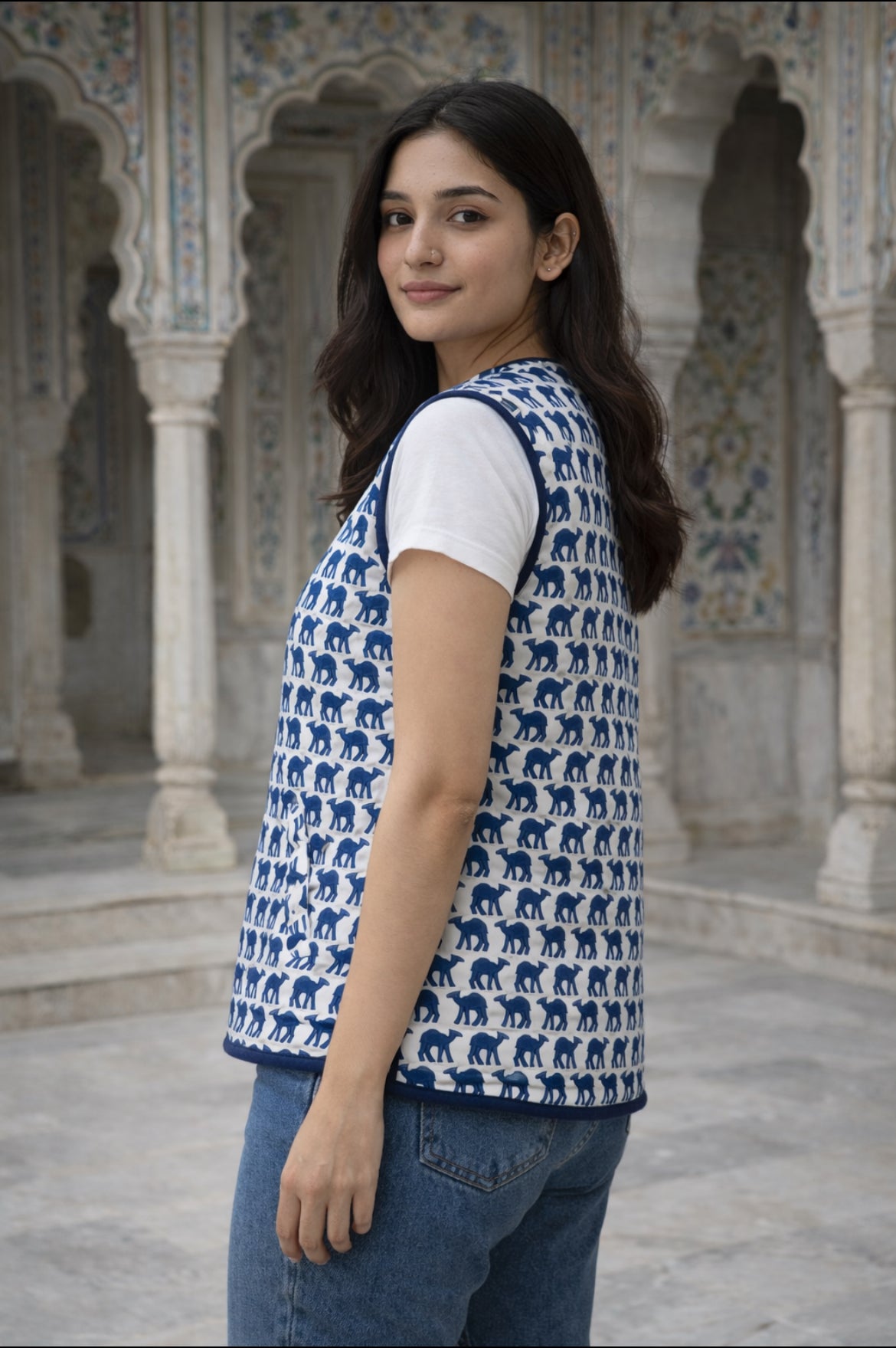 Cotton Women's Quilted Blue Camel Sleevless Jacket