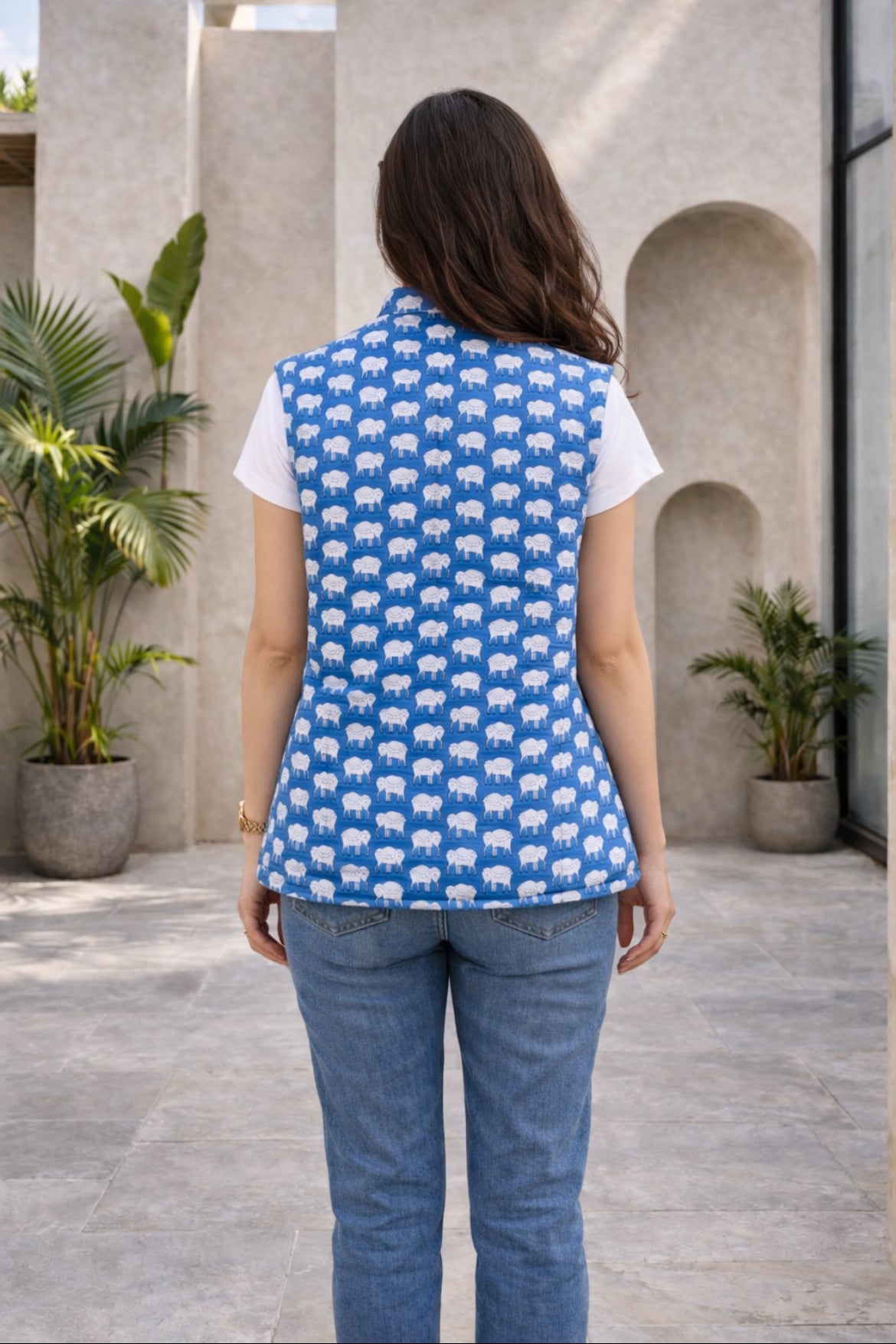 Cotton Women's Quilted  Blue-White Elephant Print Sleevless Jacket