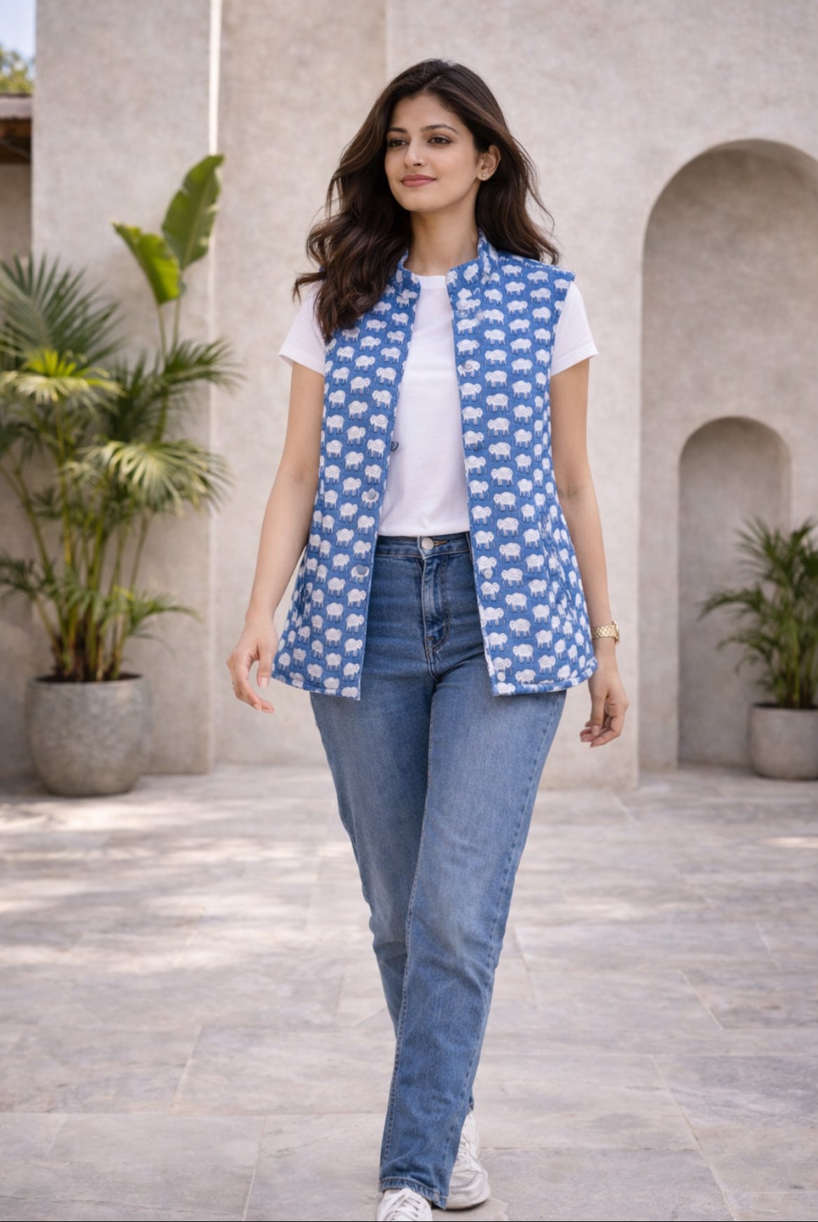Cotton Women's Quilted  Blue-White Elephant Print Sleevless Jacket