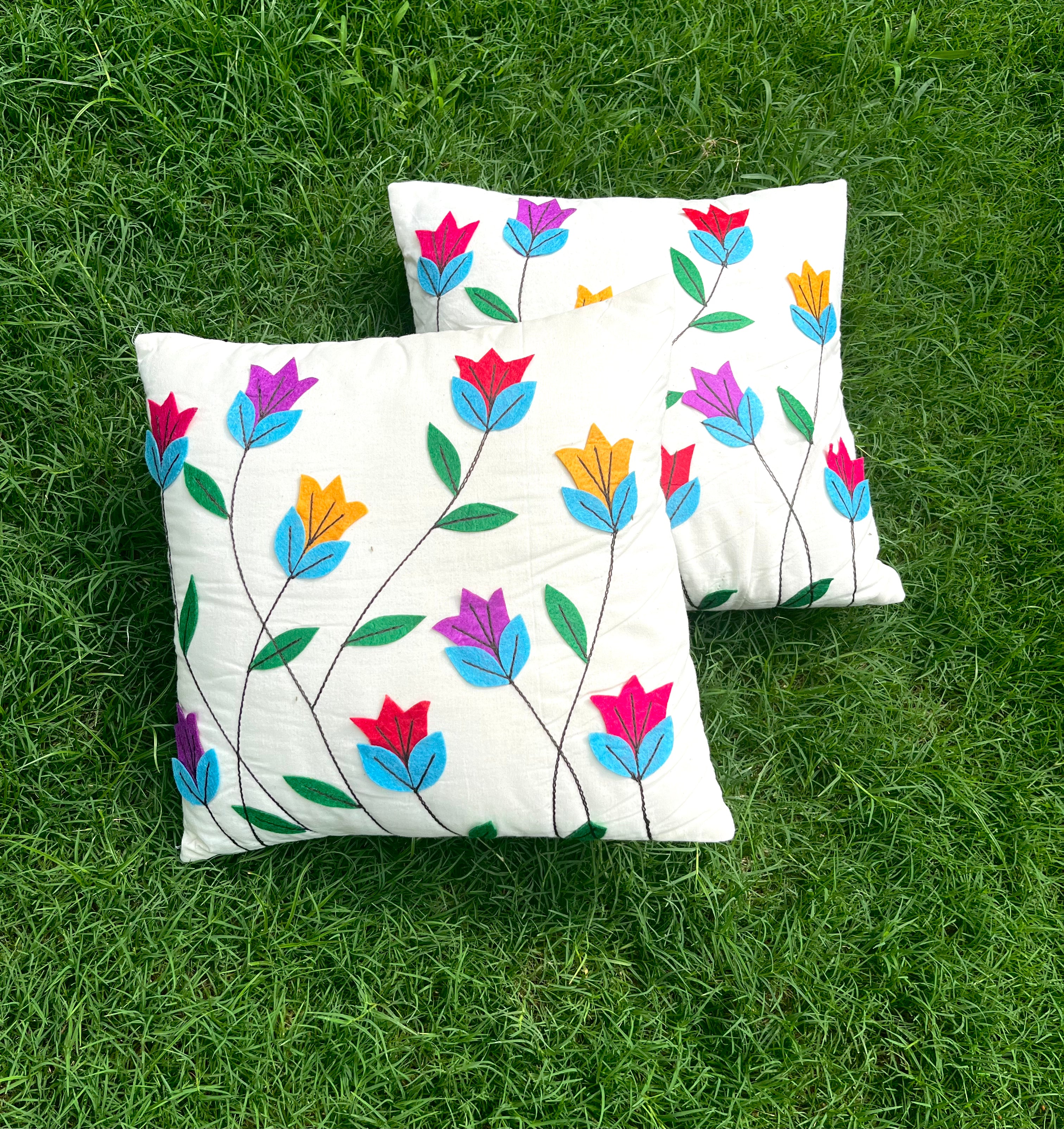 Khadi Cotton Cushion Cover Multicolor Flowers Patchwork
