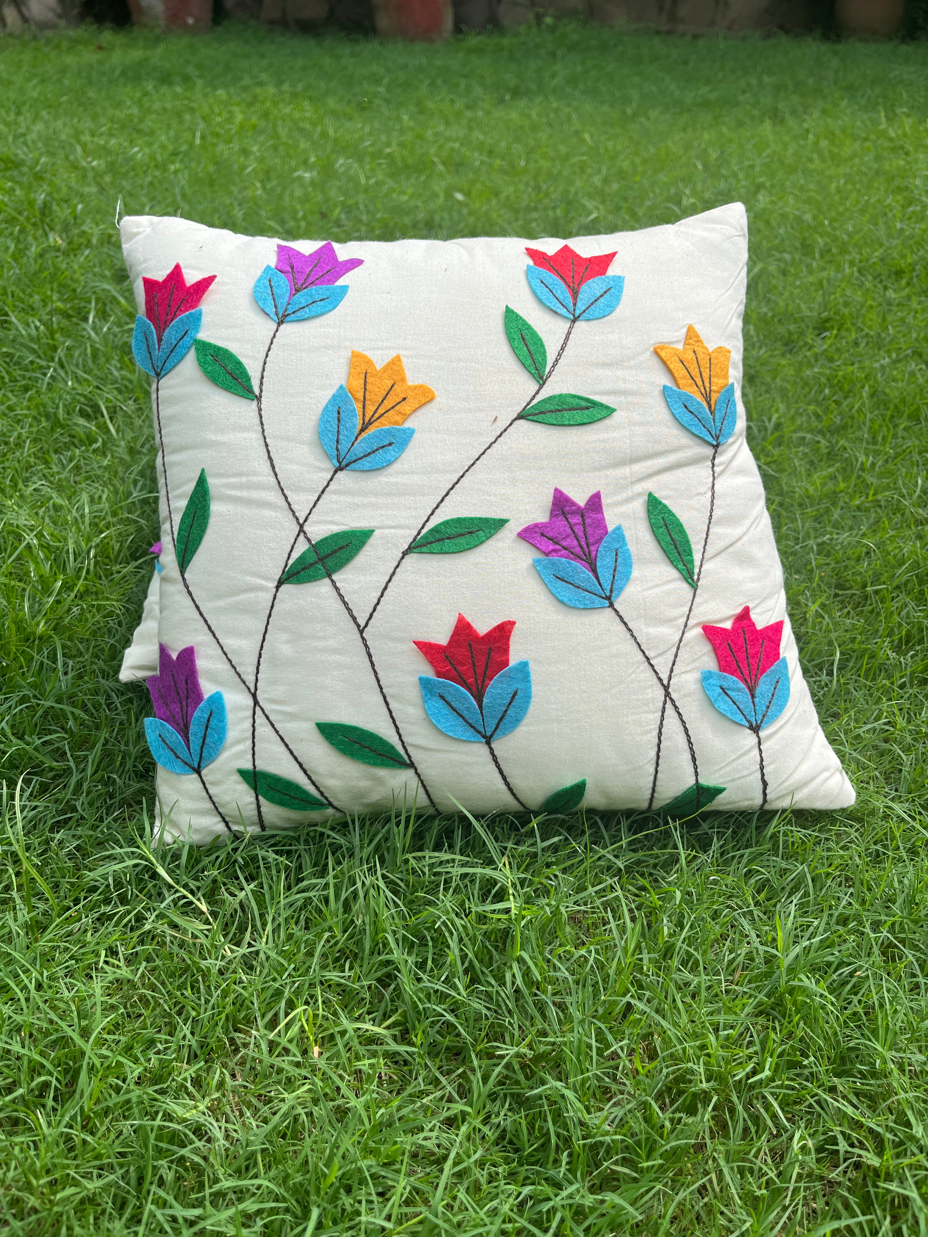 Khadi Cotton Cushion Cover Multicolor Flowers Patchwork