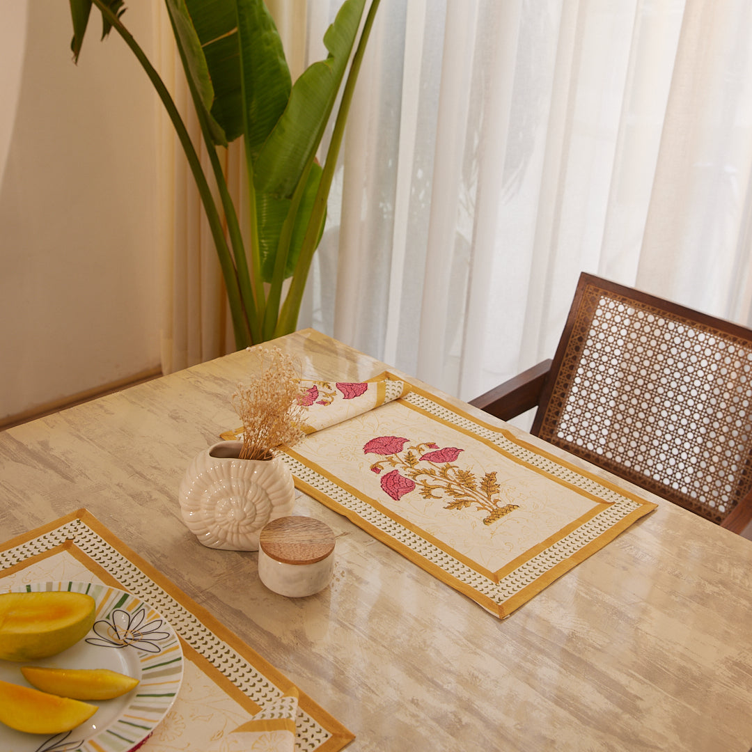 Canvas Table Mat with Napkin Pink Brown Floral Boota Block Print Set of 2