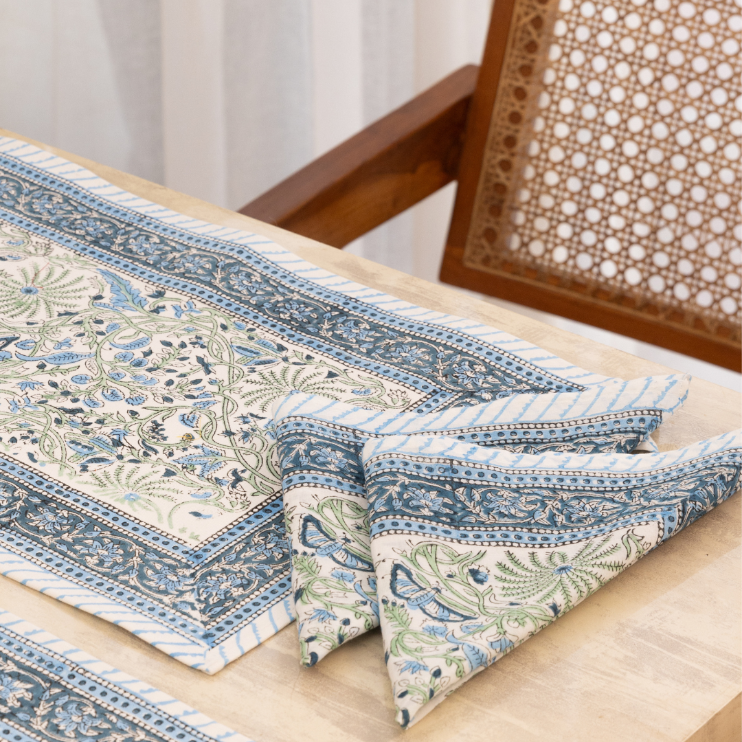 Cotton Table Mate And Napkin Blue-Green Floral Jaal Block Print