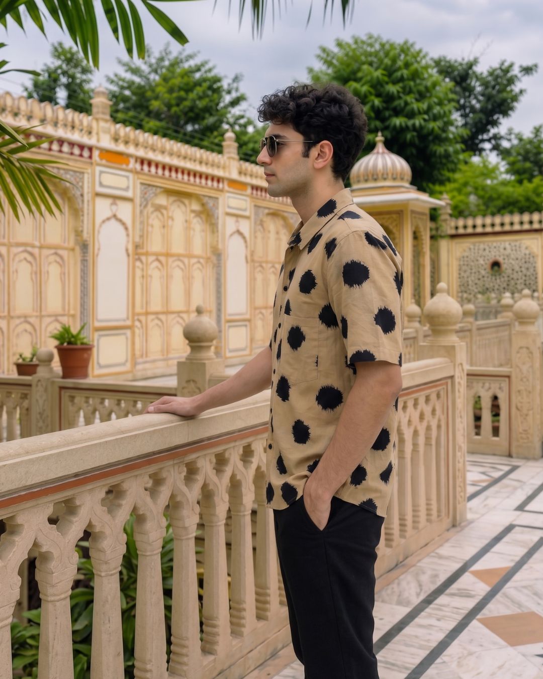 Cotton Men's Beige-Black Polka Half Sleeves Shirt
