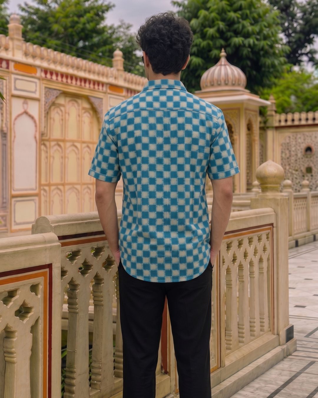 Cotton Blue-White Checkered men's Half Sleeves Shirt