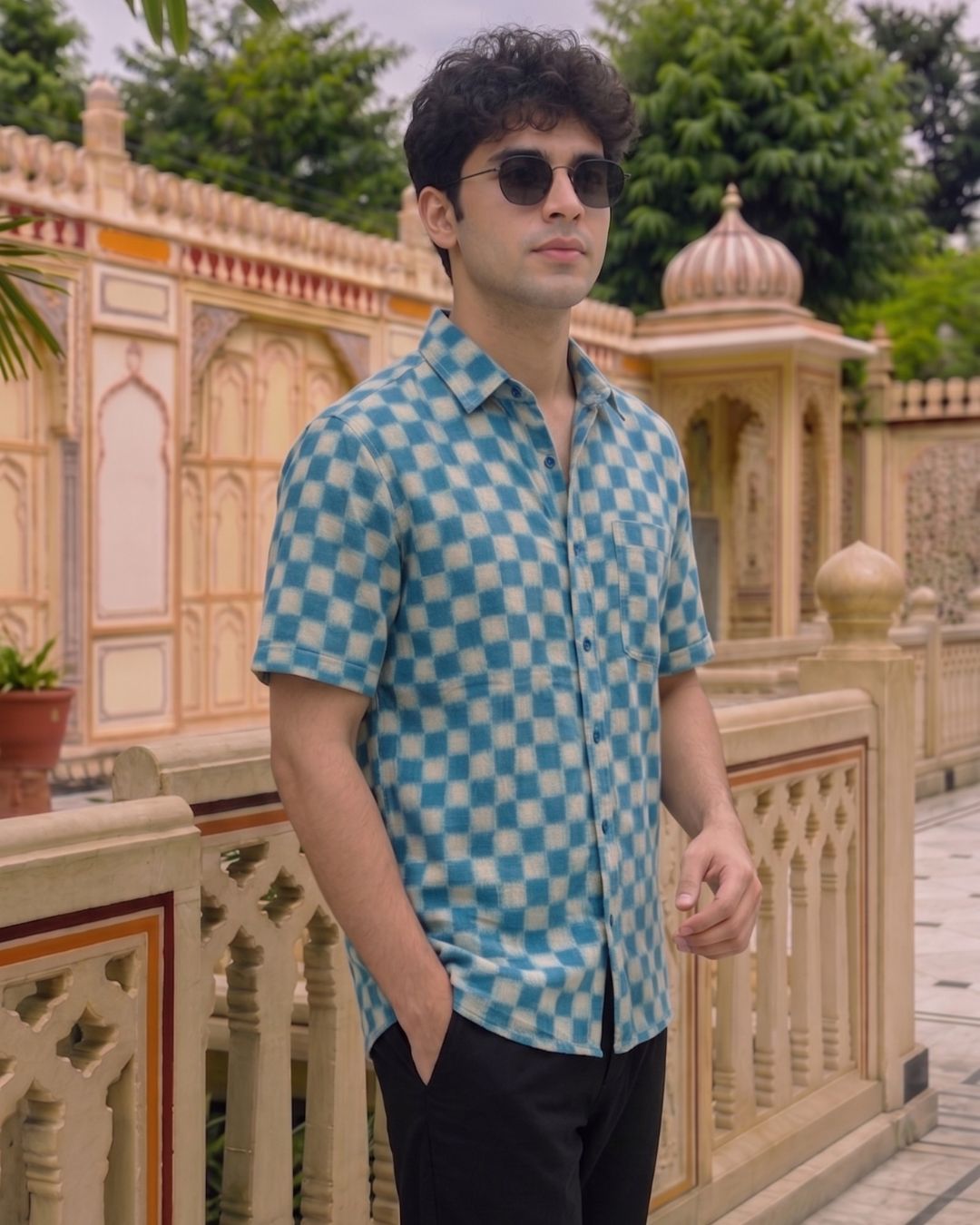 Cotton Blue-White Checkered men's Half Sleeves Shirt