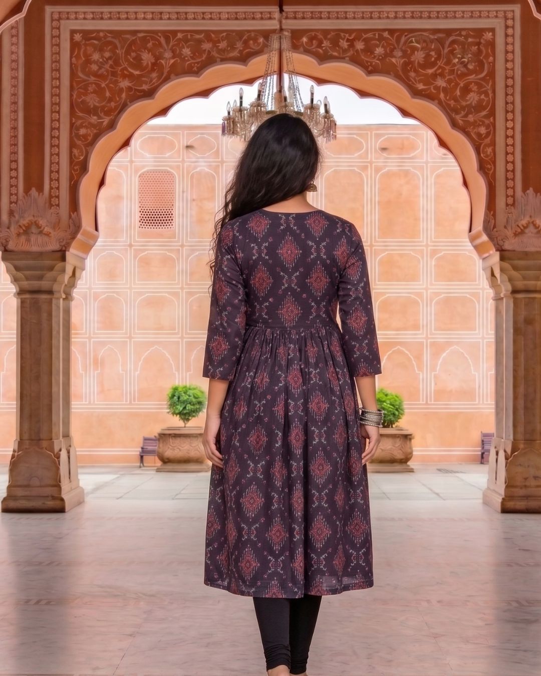 Cotton Black-Red Ikat Block Print Long Kurti