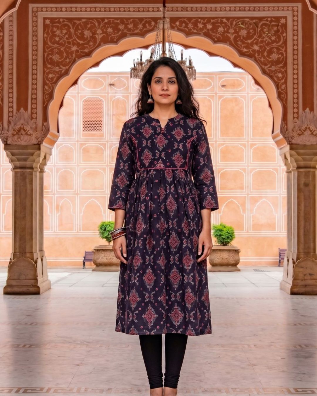 Cotton Black-Red Ikat Block Print Long Kurti