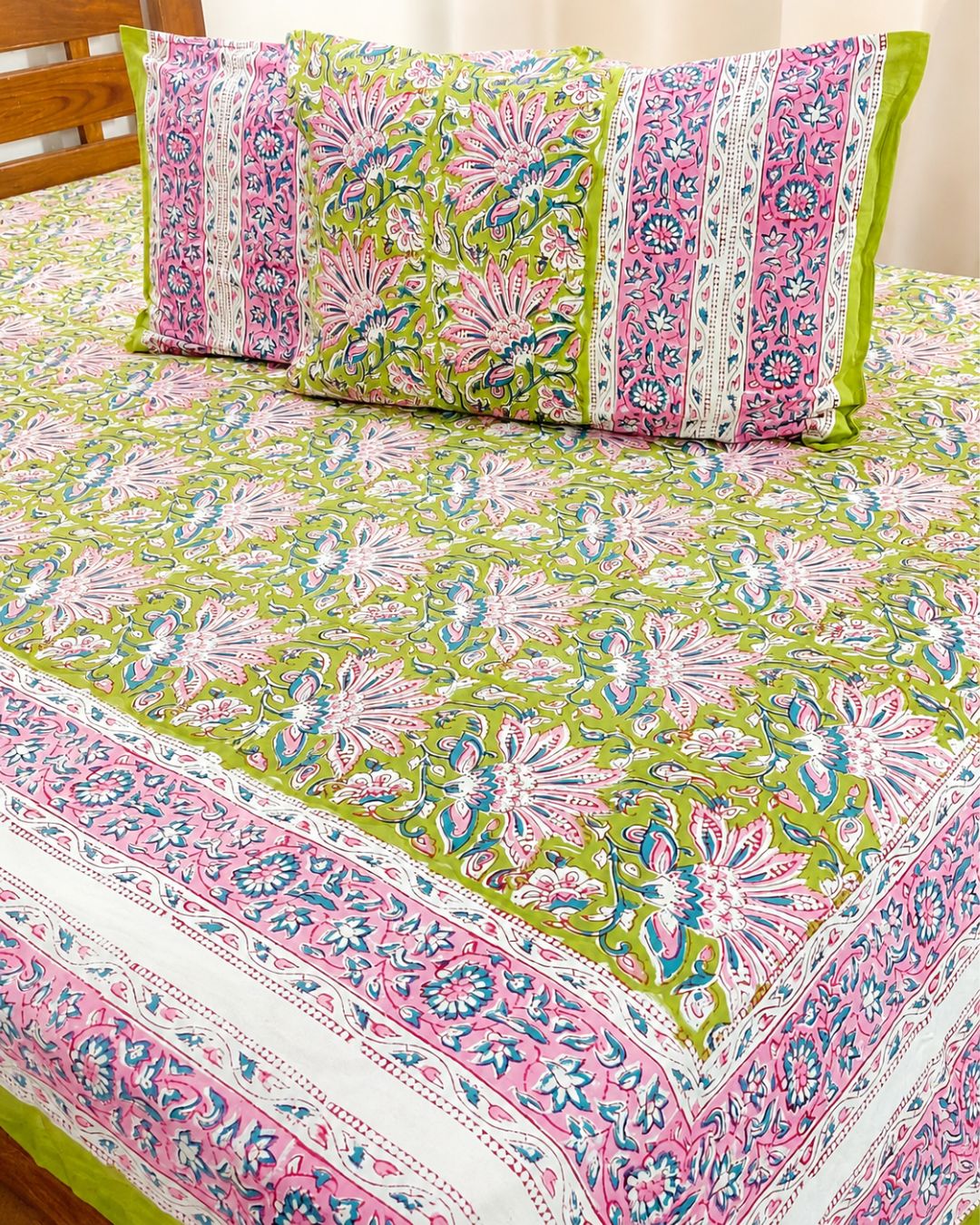 Cotton Queen Size Bedsheet – Satrangi Floral Block Print