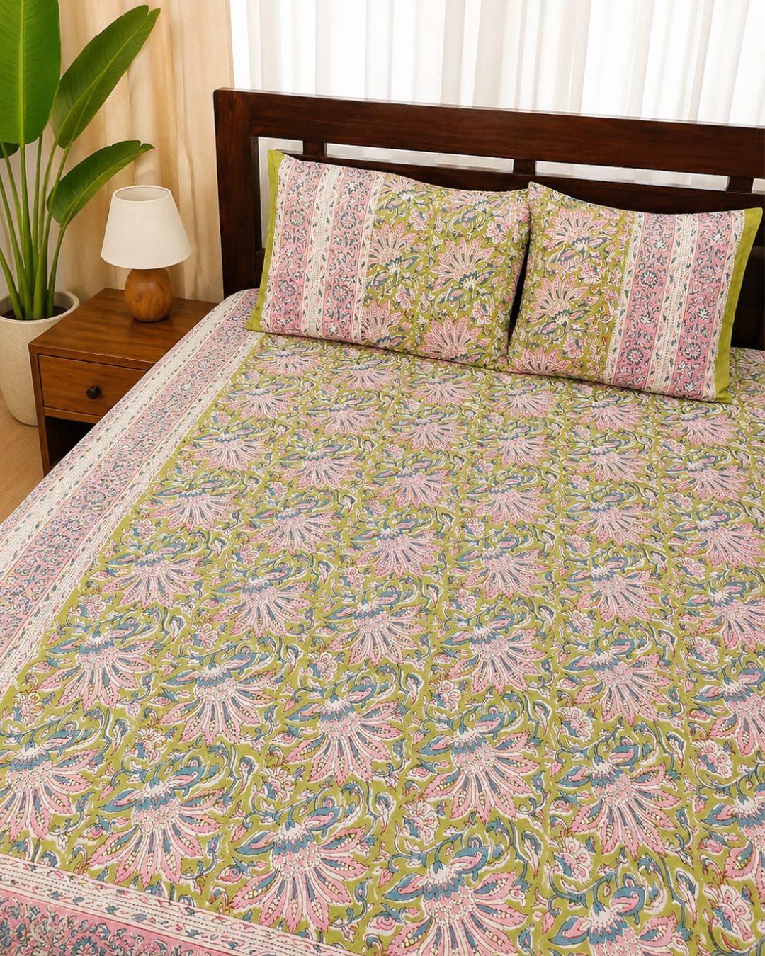 Cotton Queen Size Bedsheet – Satrangi Floral Block Print