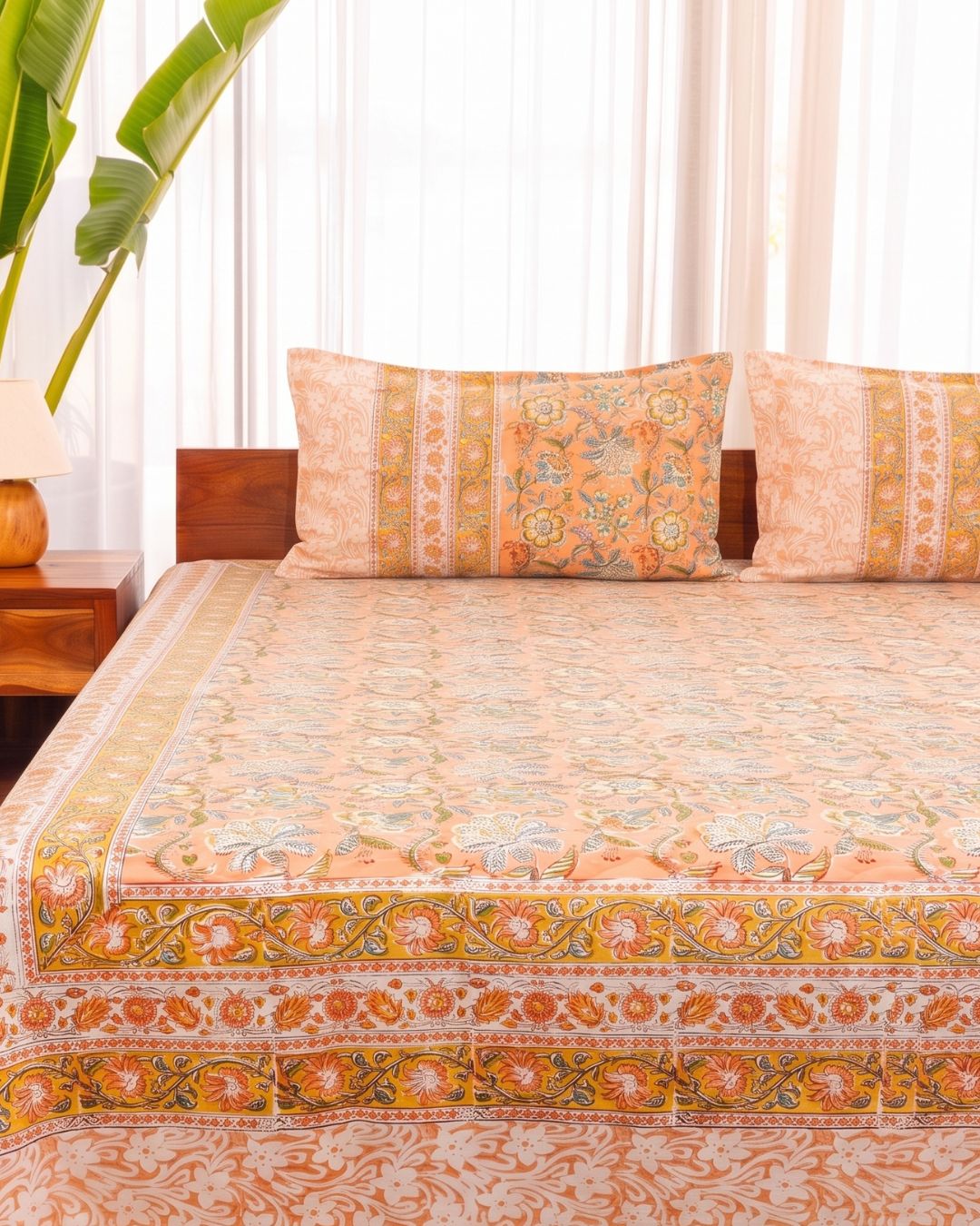 Cotton Queen Size Bedsheet – Peach Floral Block Print with Designer Border