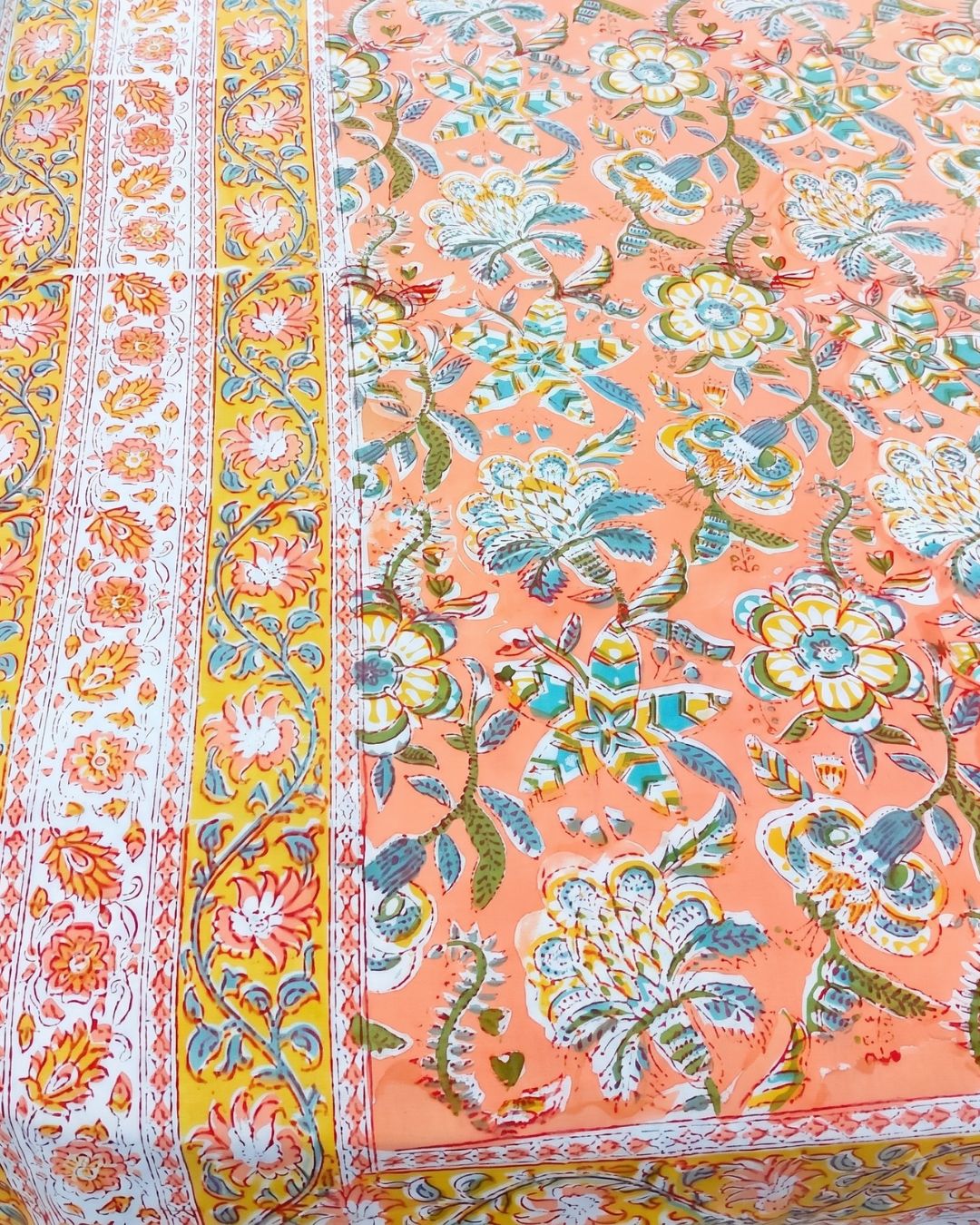 Cotton Queen Size Bedsheet – Peach Floral Block Print with Designer Border