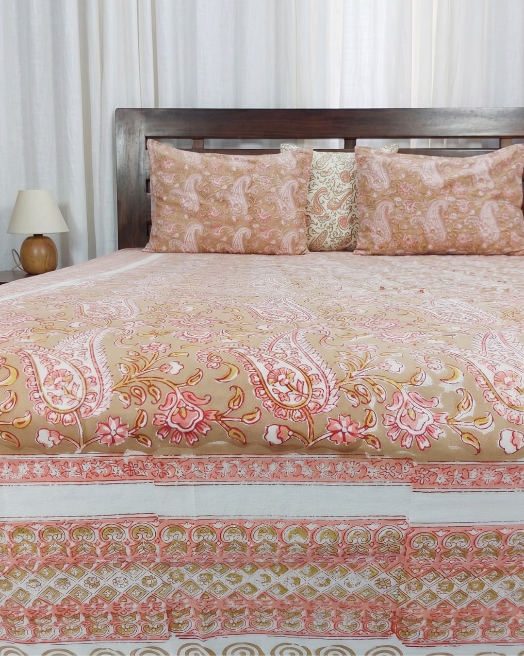 Cotton Queen Size Bedsheet – Beige Paisley Floral Block Print
