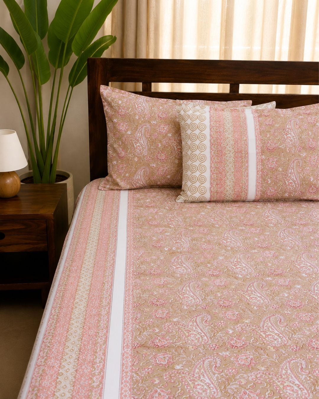 Cotton Queen Size Bedsheet – Beige Paisley Floral Block Print