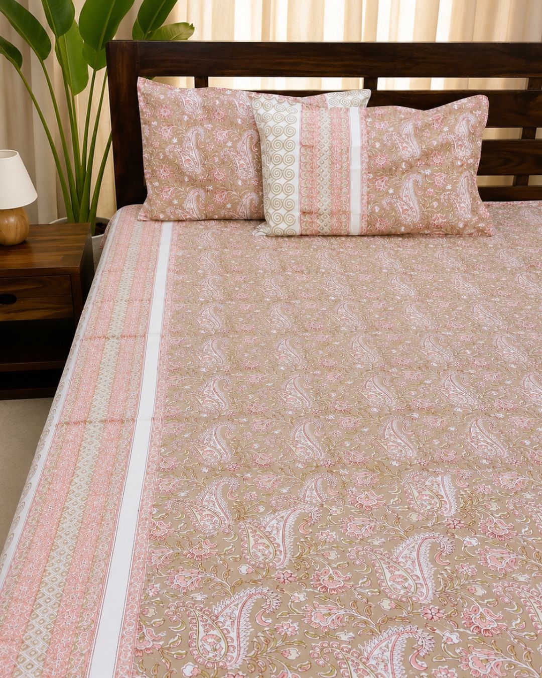 Cotton Queen Size Bedsheet – Beige Paisley Floral Block Print