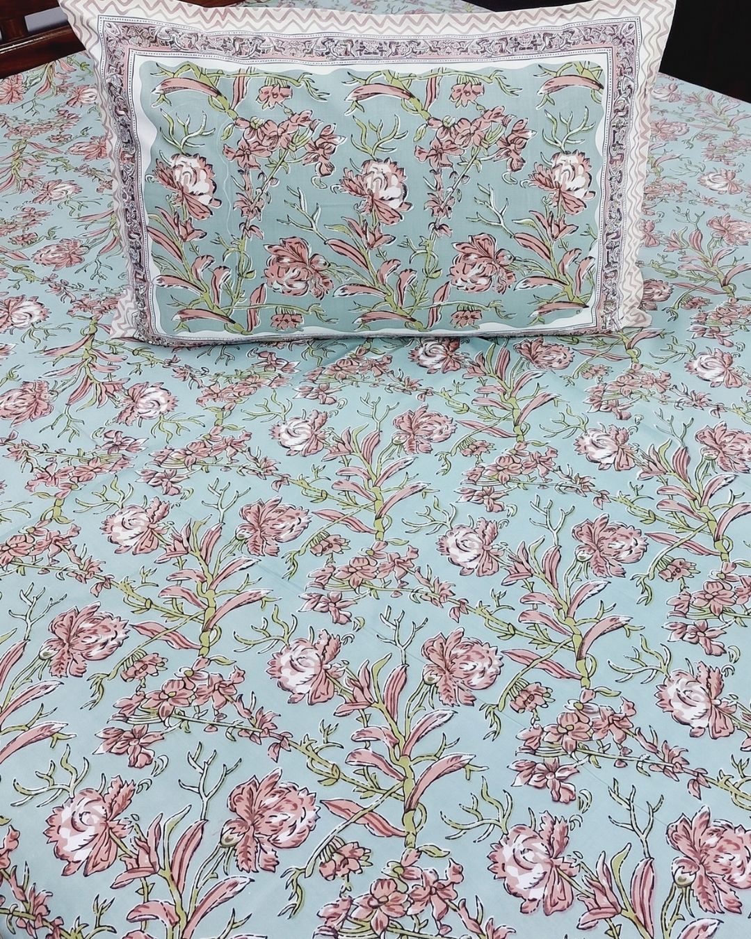 Cotton Queen Size Bedsheet – Pastel Blue Elegant Floral Print