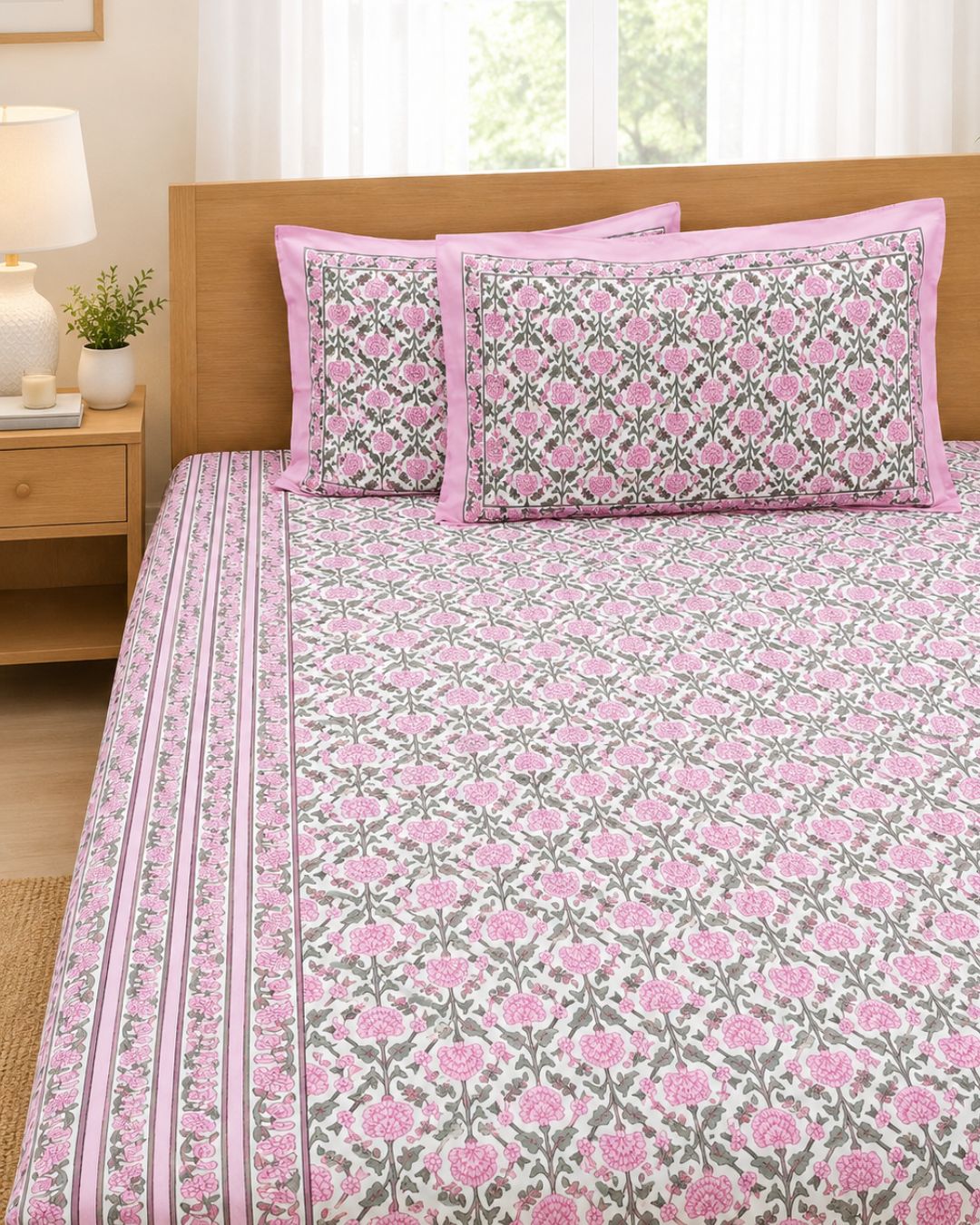 Cotton Floral Pink-White Bal Print King Size Bedsheet