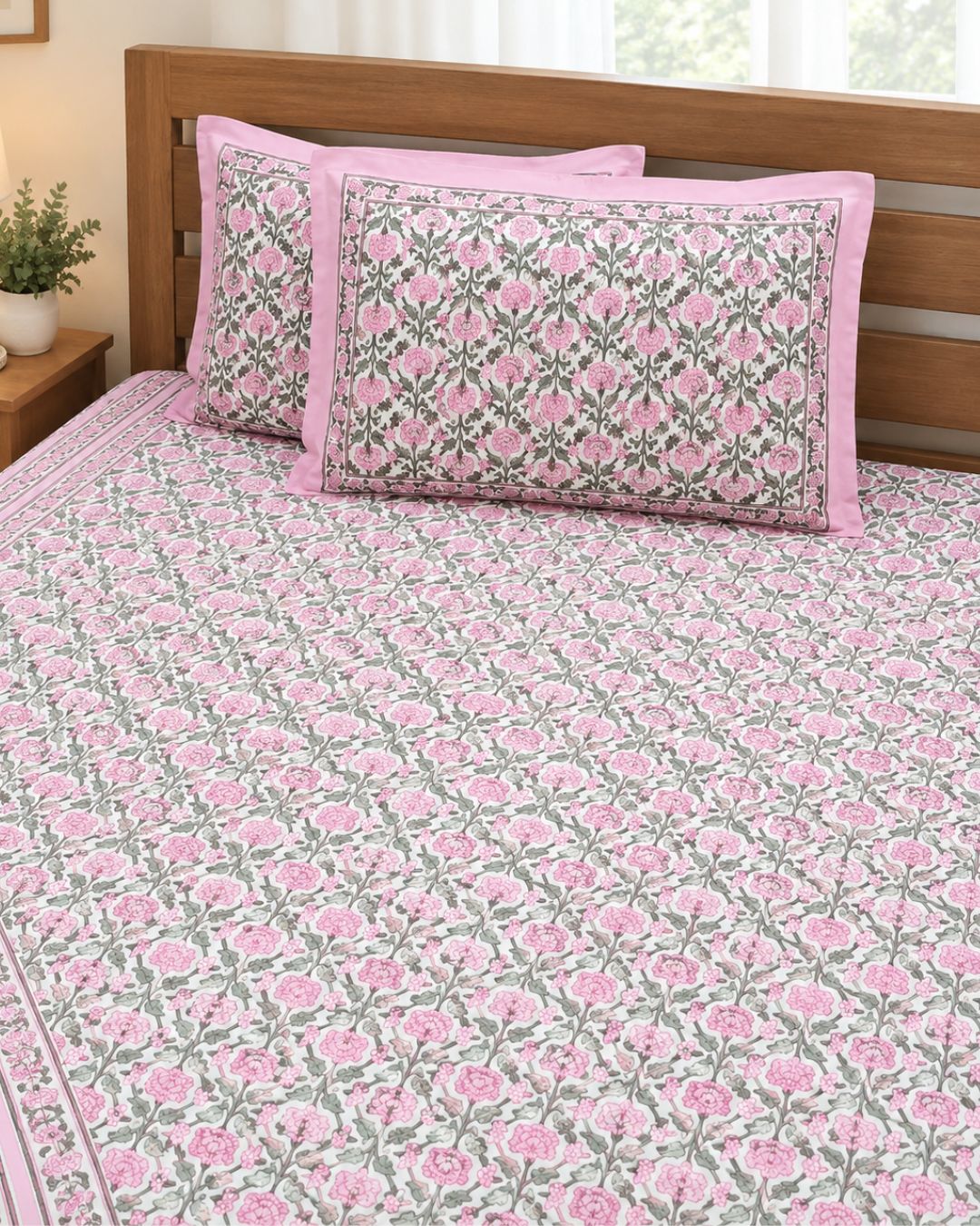Cotton Floral Pink-White Bal Print King Size Bedsheet