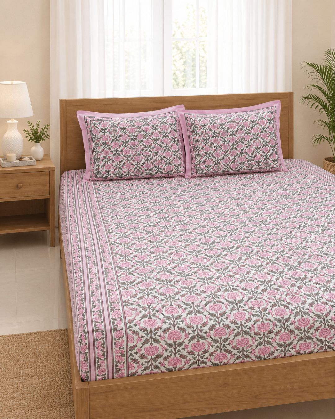 Cotton Floral Pink-White Bal Print King Size Bedsheet
