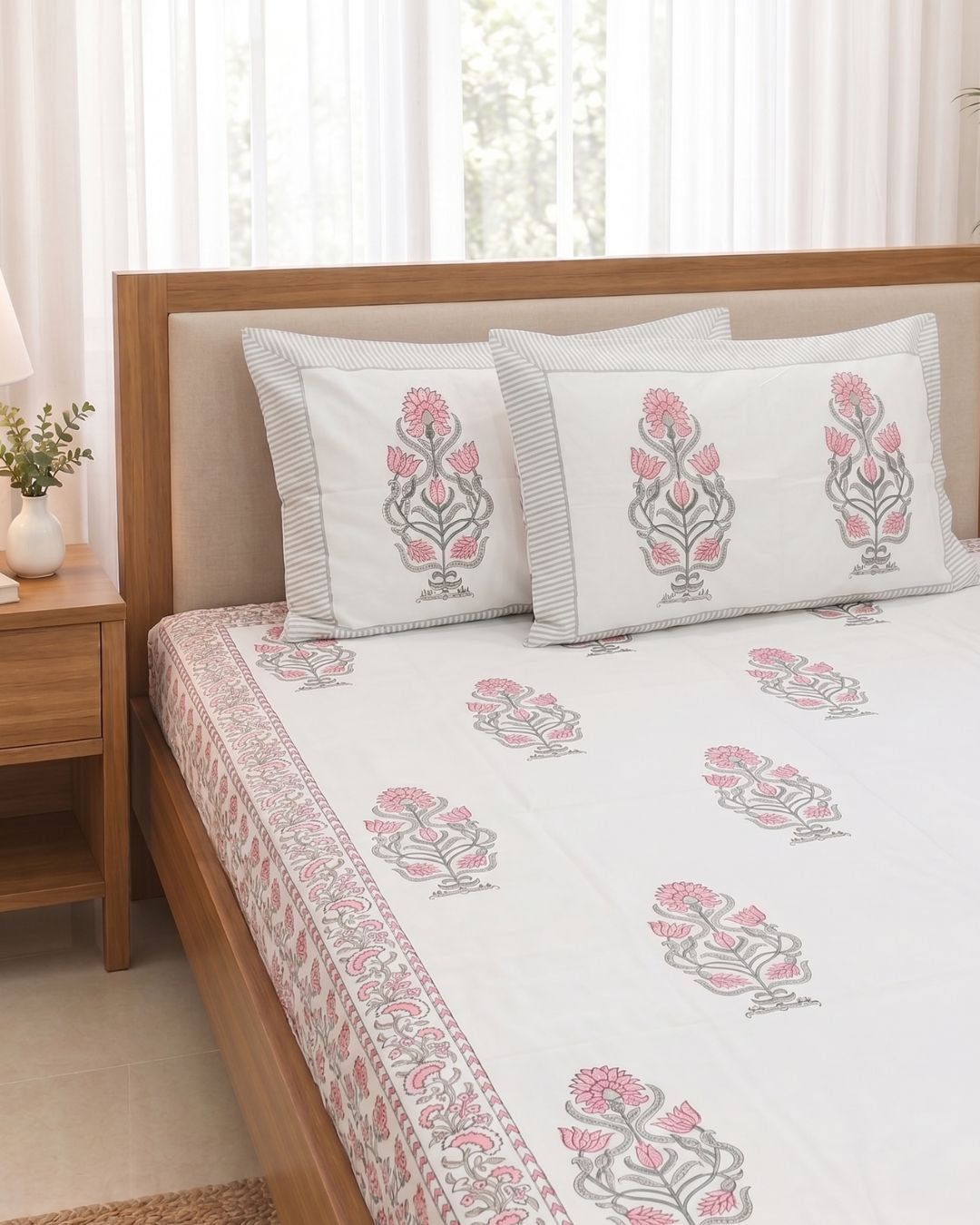 Super Fine Cotton bedsheet Pink-Grey  Floral Boota Block Print