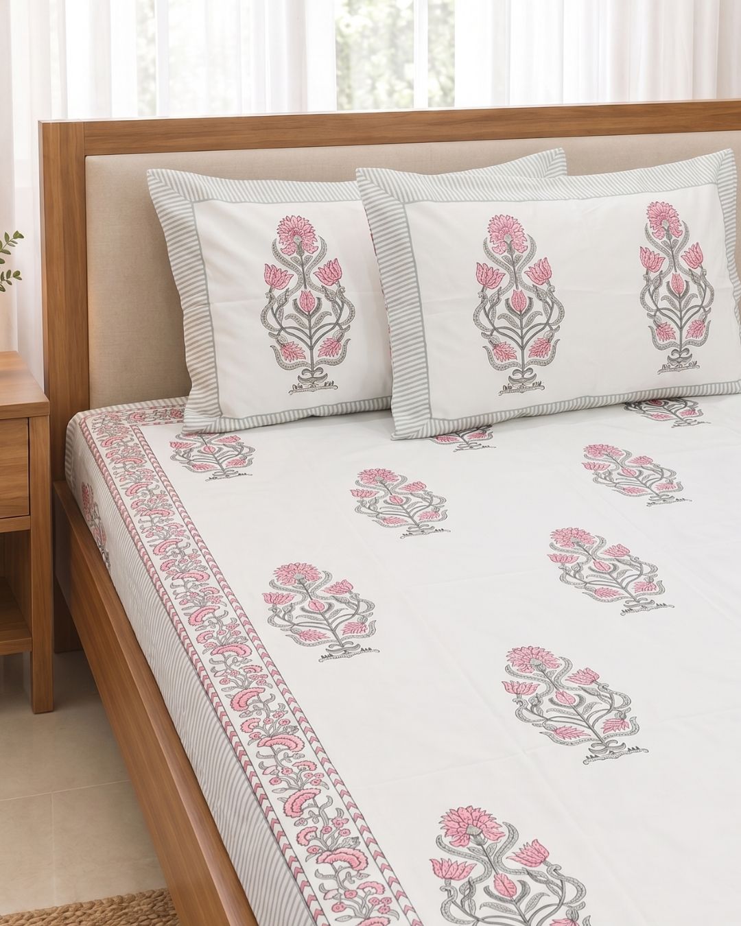 Super Fine Cotton bedsheet Pink-Grey  Floral Boota Block Print