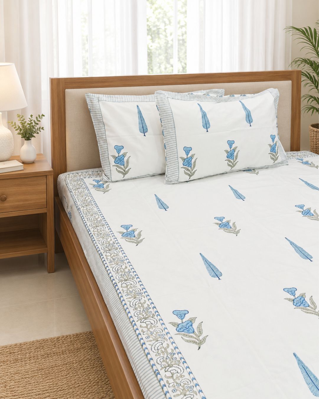 Super Fine Cotton bedsheet Blue-Grey Leaf Booti Block Print