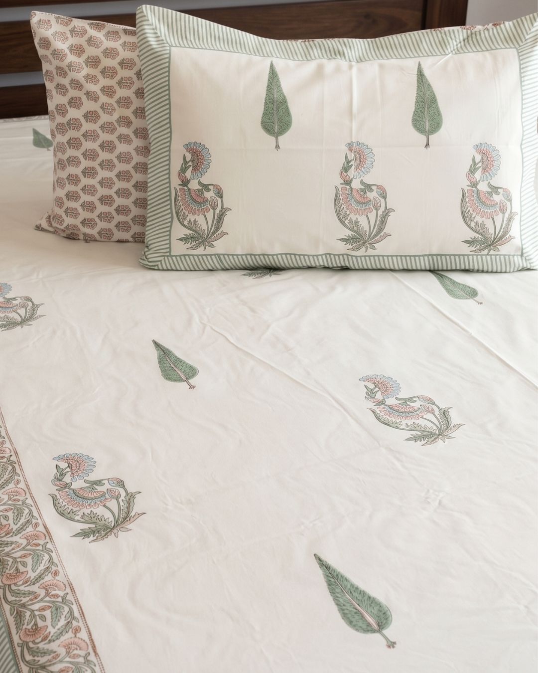 Super Fine Cotton Double Bedsheet Pink Green Tilak Boota Block Print