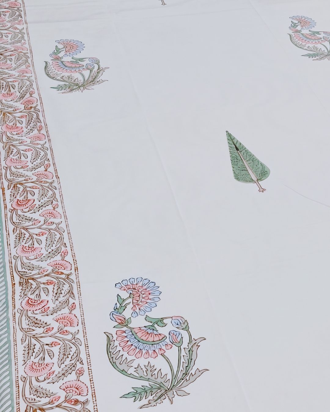 Super Fine Cotton Double Bedsheet Pink Green Tilak Boota Block Print