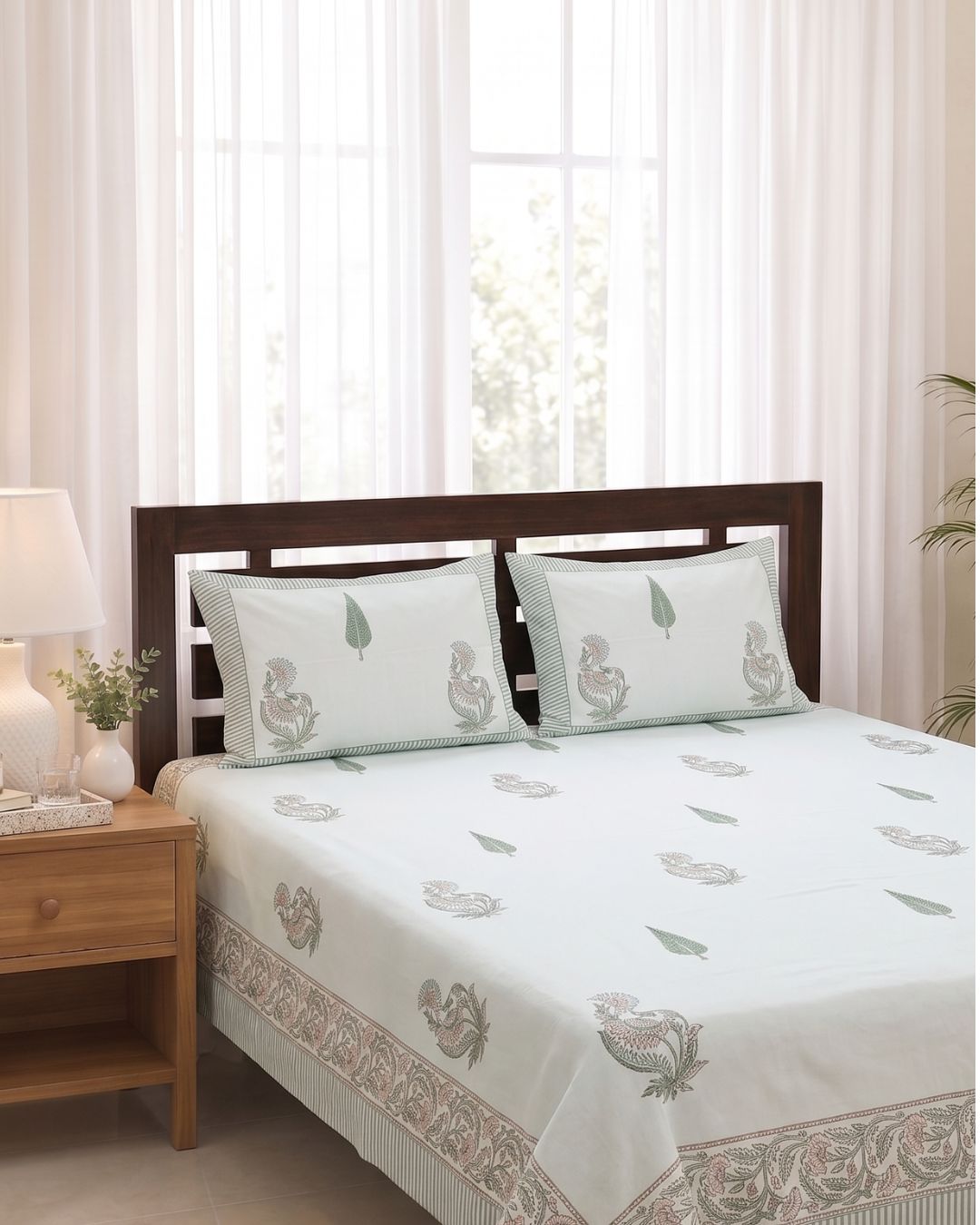 Super Fine Cotton Double Bedsheet Pink Green Tilak Boota Block Print