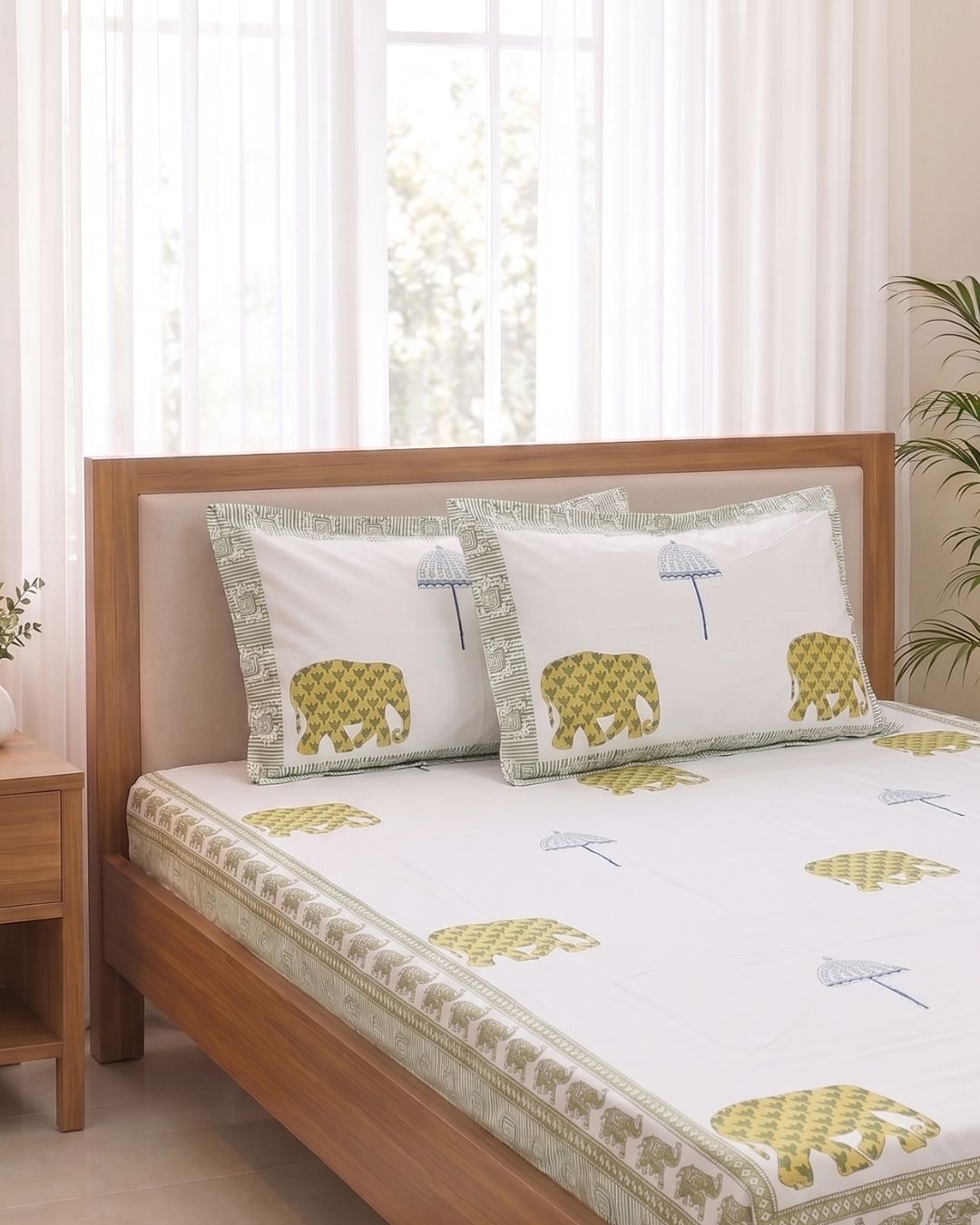 Super Fine Cotton Double Bed Sheet Yellow Elephant Umbrella Block Print