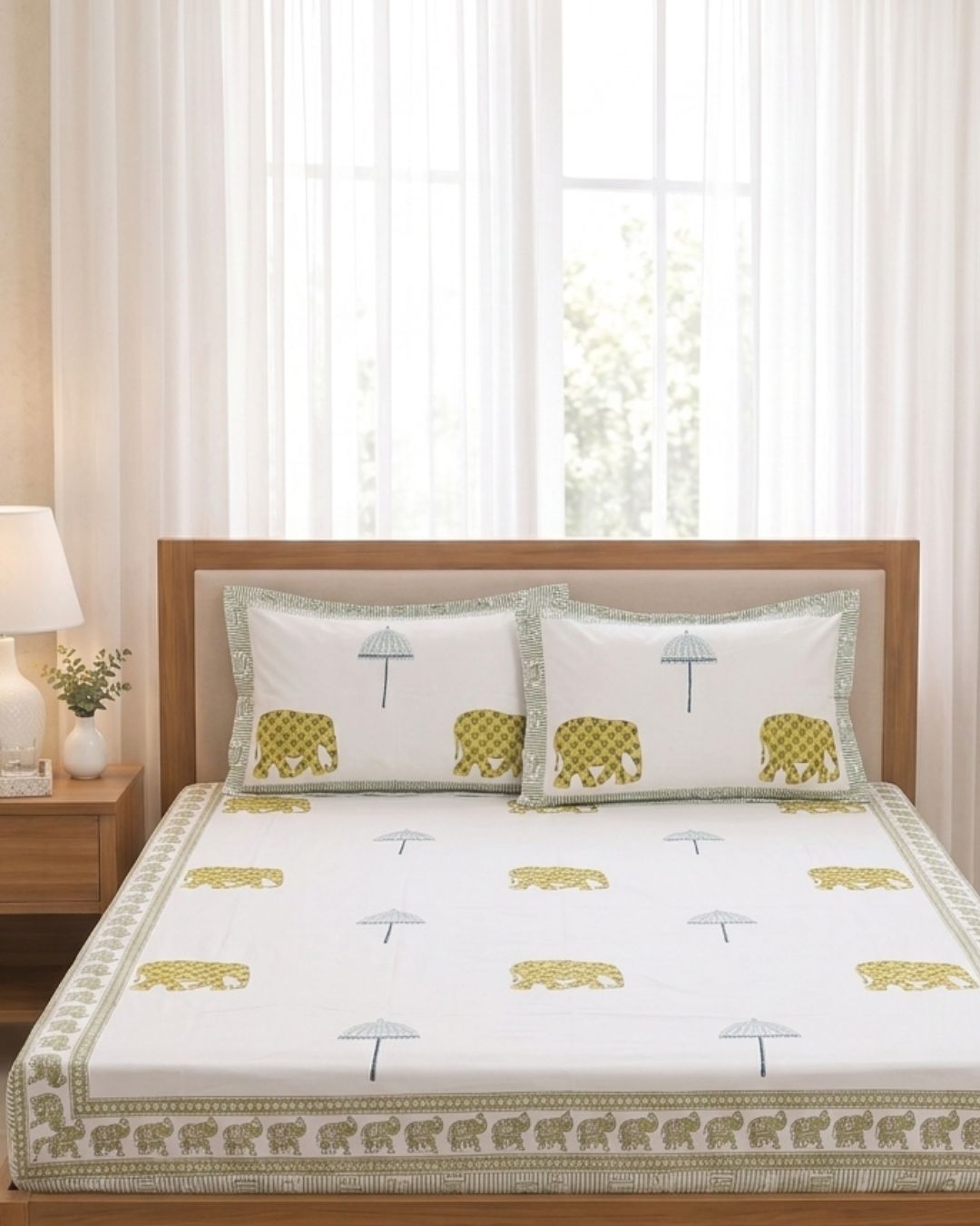 Super Fine Cotton Double Bed Sheet Yellow Elephant Umbrella Block Print