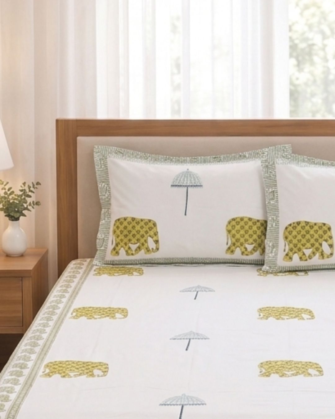 Super Fine Cotton Double Bed Sheet Yellow Elephant Umbrella Block Print