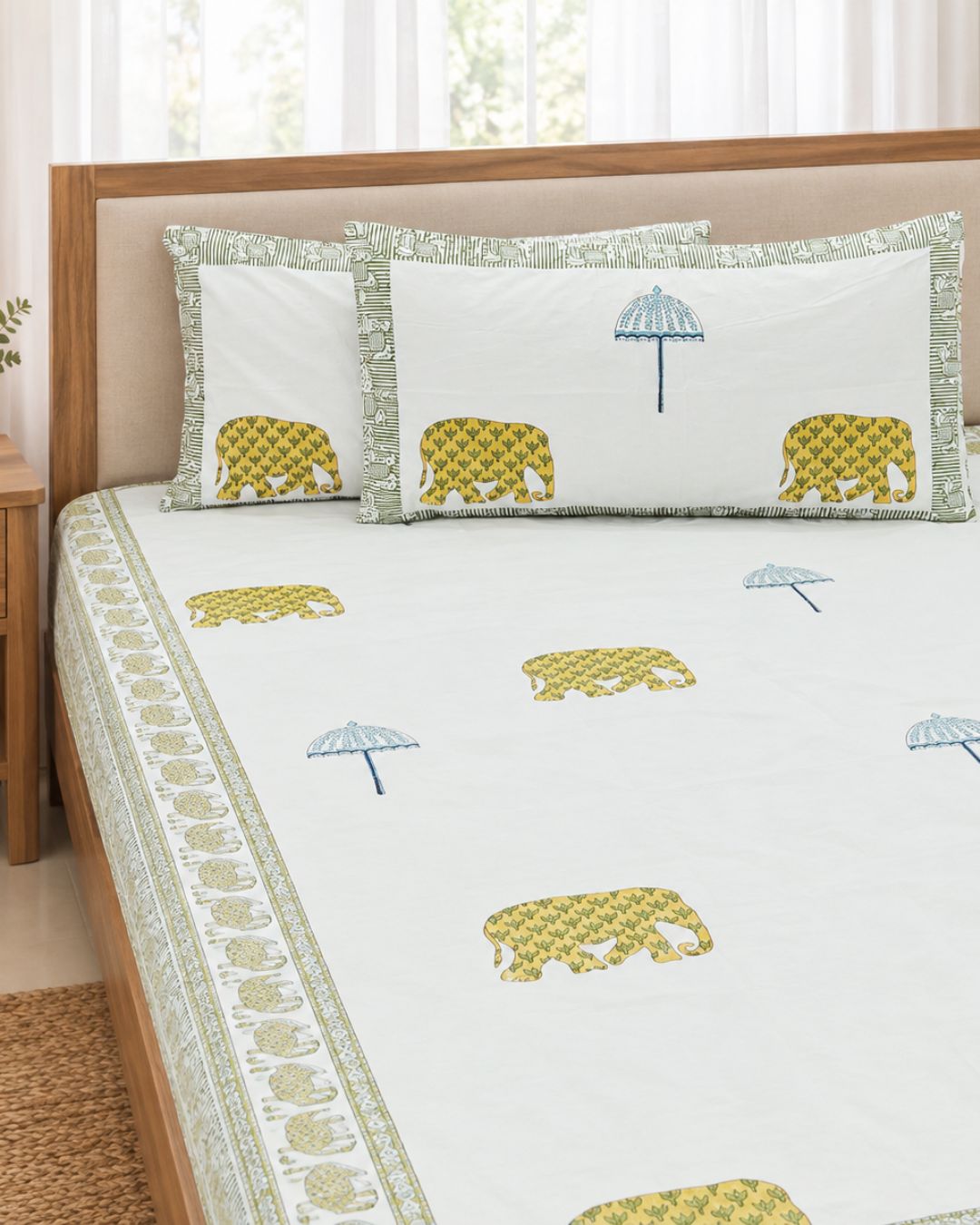 Super Fine Cotton Double Bed Sheet Yellow Elephant Umbrella Block Print