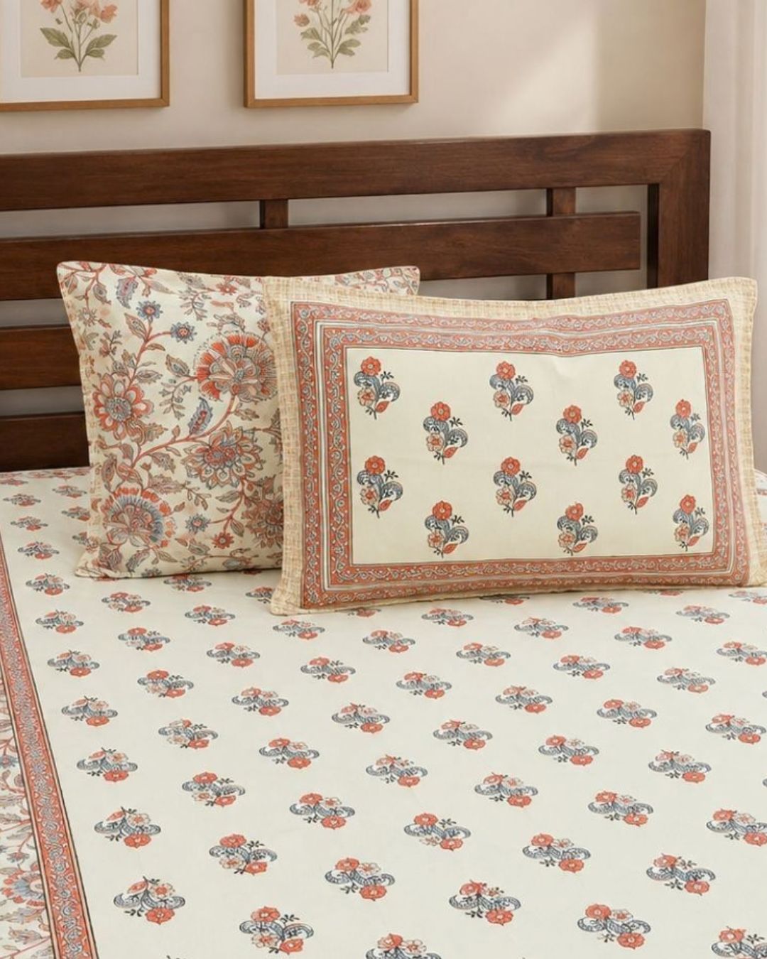 Cotton Mughal Floral Boota Print King Size Bedsheet