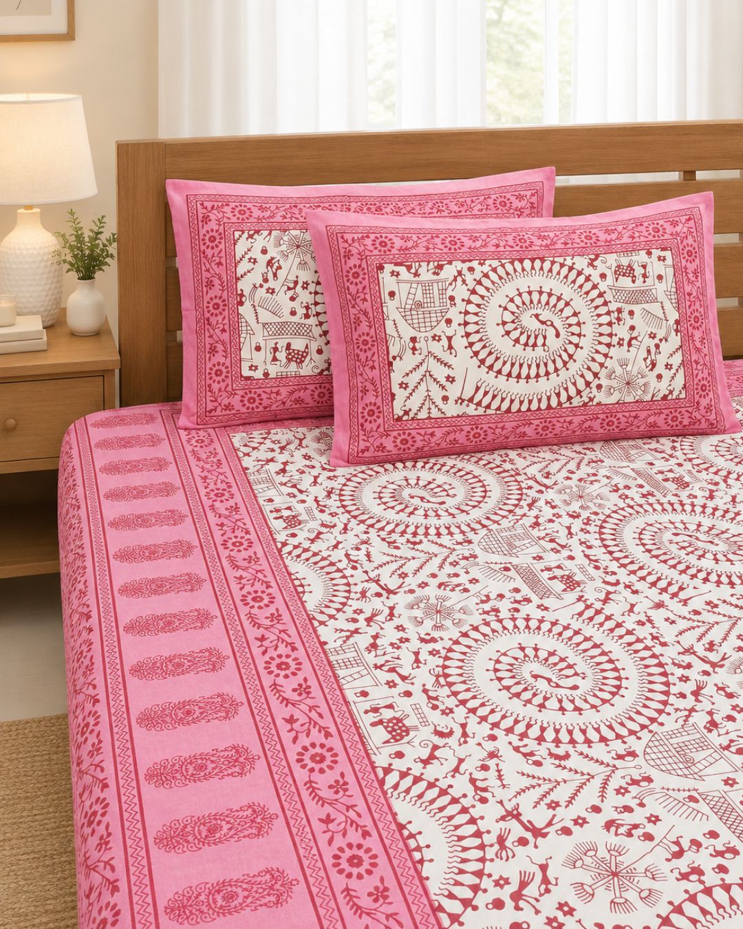 Cotton Queen Size Bedsheet – Pink & White Warli Folk Art & Floral Print