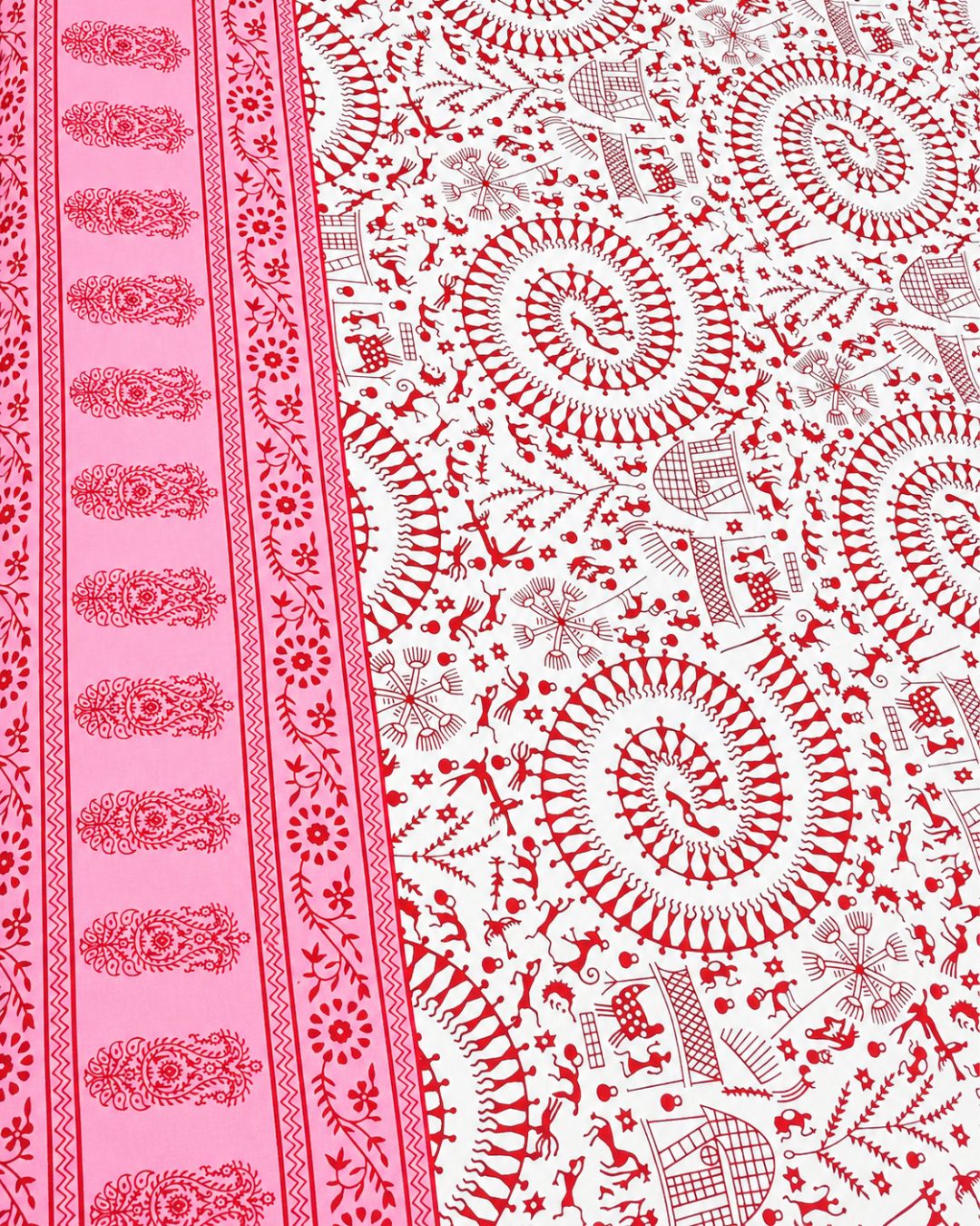 Cotton Queen Size Bedsheet – Pink & White Warli Folk Art & Floral Print