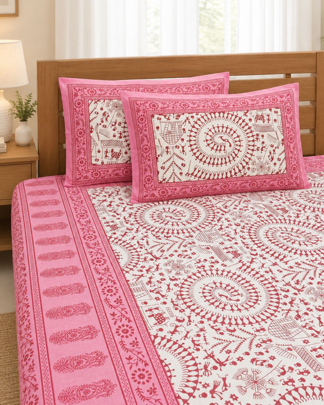 Cotton Queen Size Bedsheet – Pink & White Warli Folk Art & Floral Print