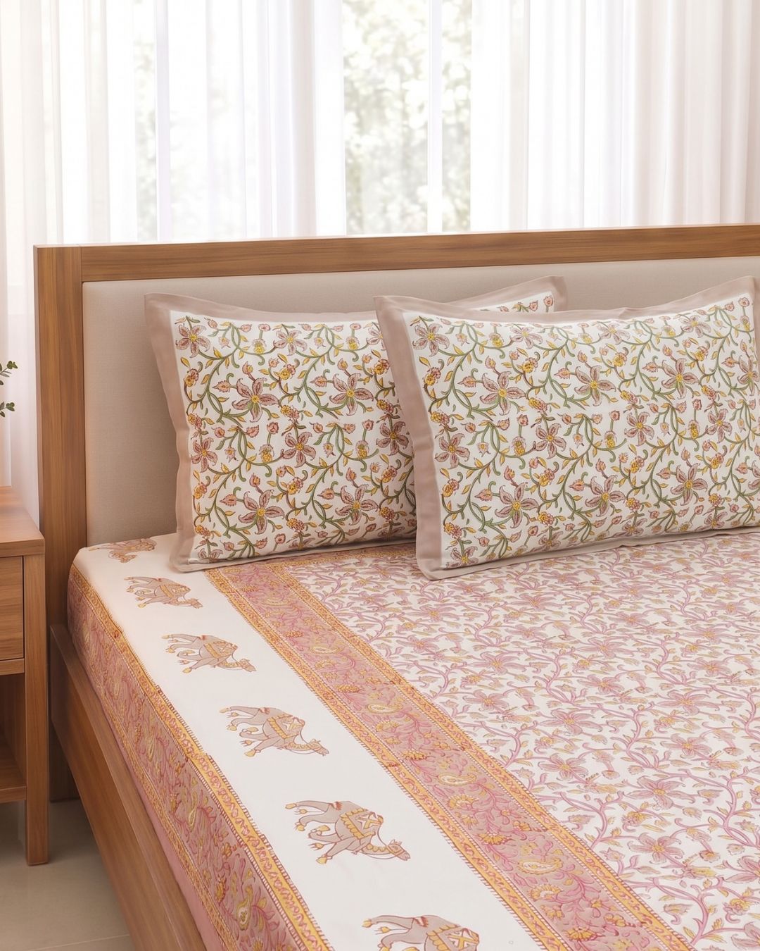 Cotton Queen Size Bedsheet – Heritage Floral Vines & Royal Camel Motif in Soft Blush & Peach