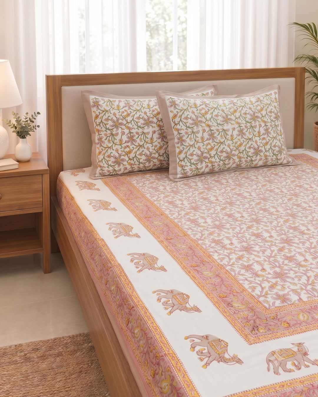 Cotton Queen Size Bedsheet – Heritage Floral Vines & Royal Camel Motif in Soft Blush & Peach