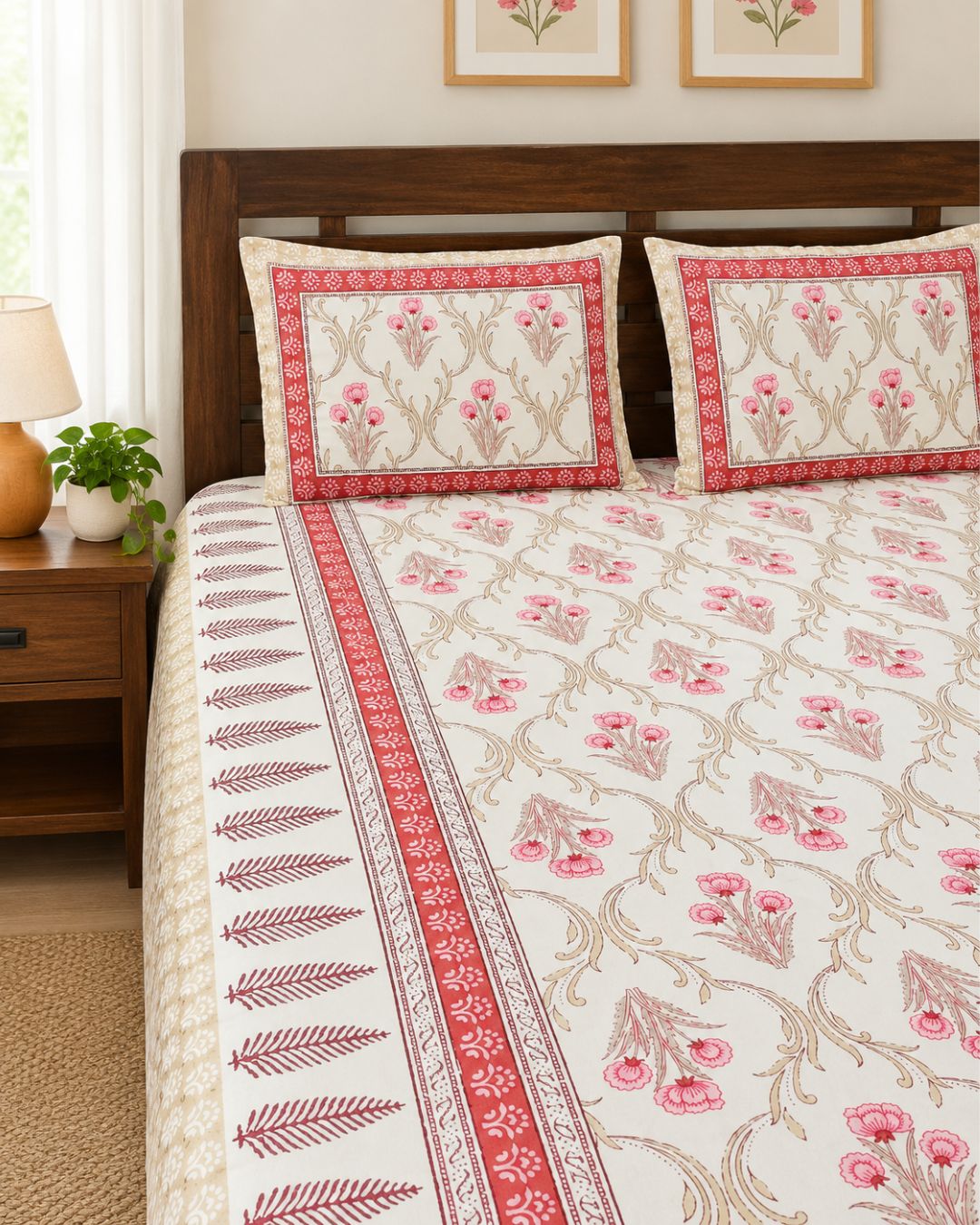 Cotton Queen Size Bedsheet – Pink and Beige Blooming Floral Print