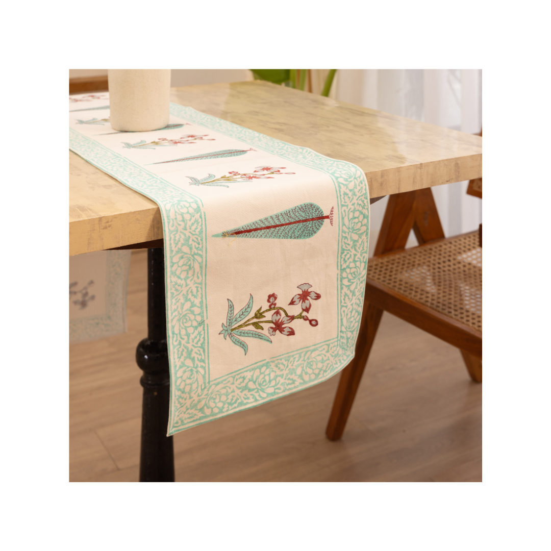 Canvas Table Runner Light Green Floral Block Print