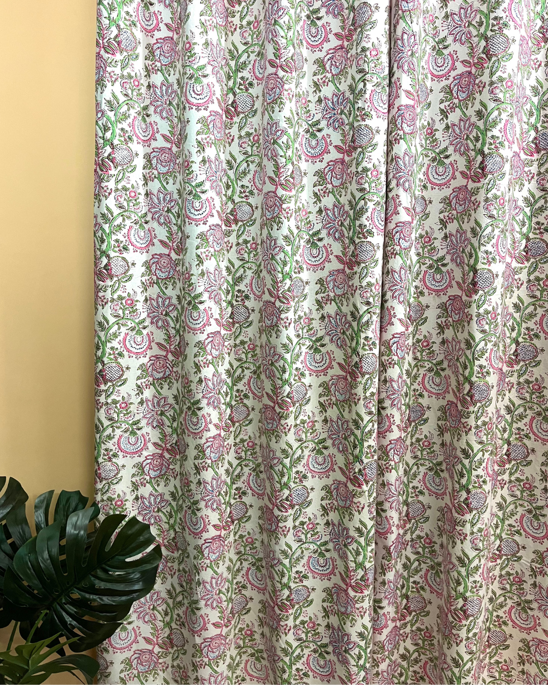 Cotton Curtain Pink Green leaf Jaal Block Print