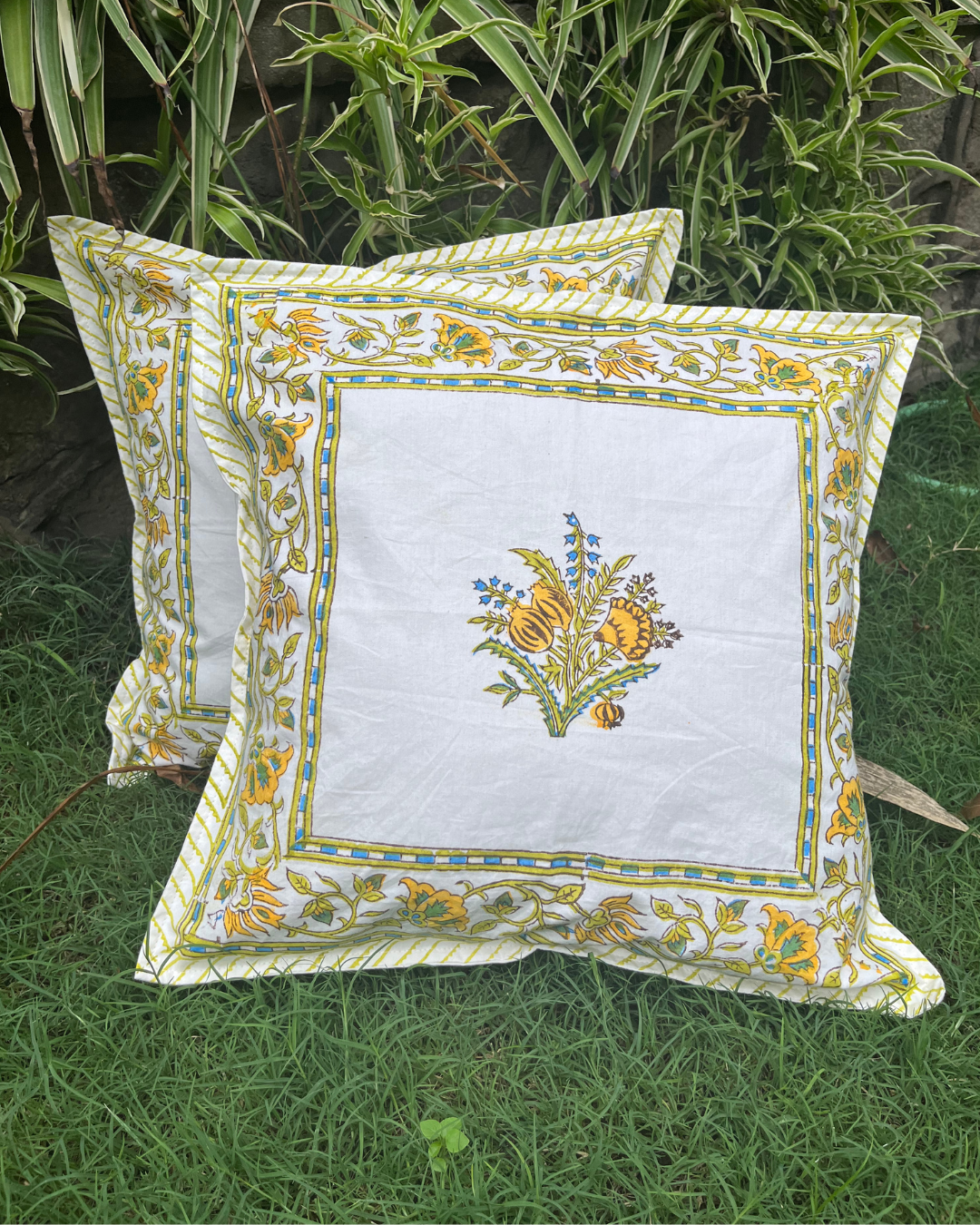 Cotton Bright Yellow Boota Block Print Cushion Cover