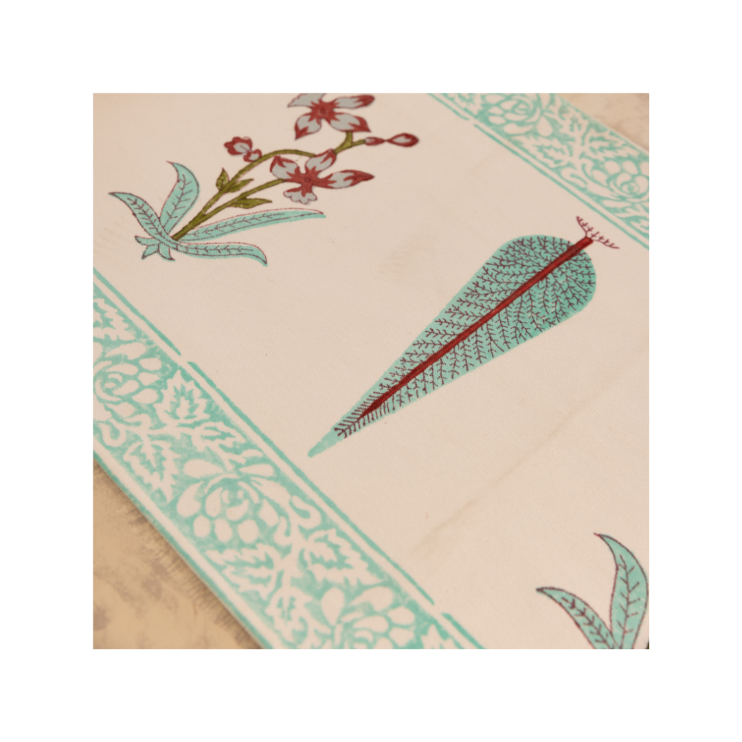 Canvas Table Runner Light Green Floral Block Print