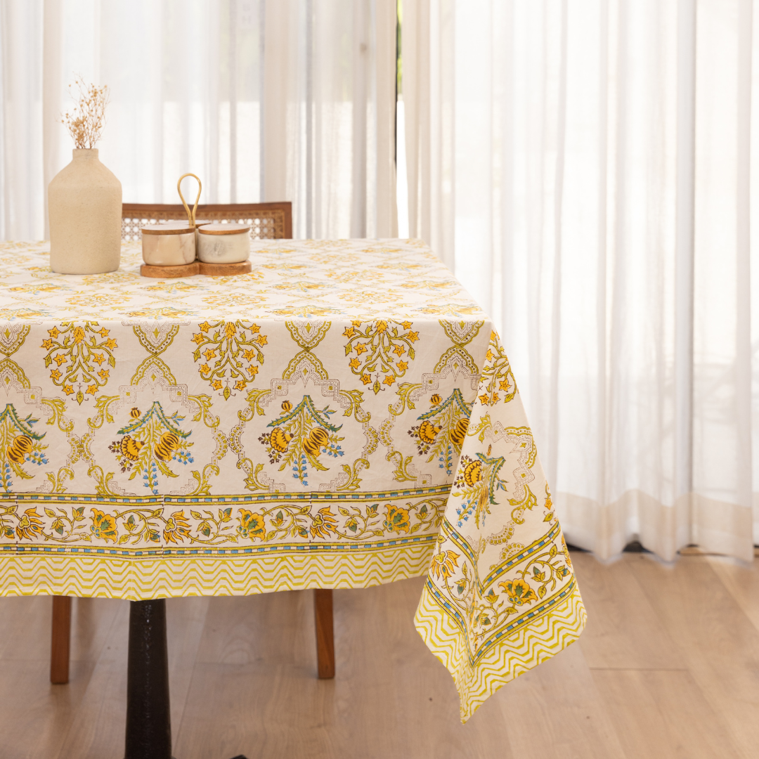 Cotton Table Cover Yellow-Green Floral Block Print