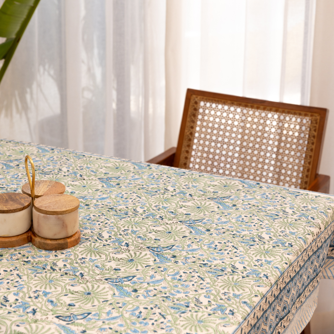 Cotton Table Cover Blue-Green Floral Jaal Block Print