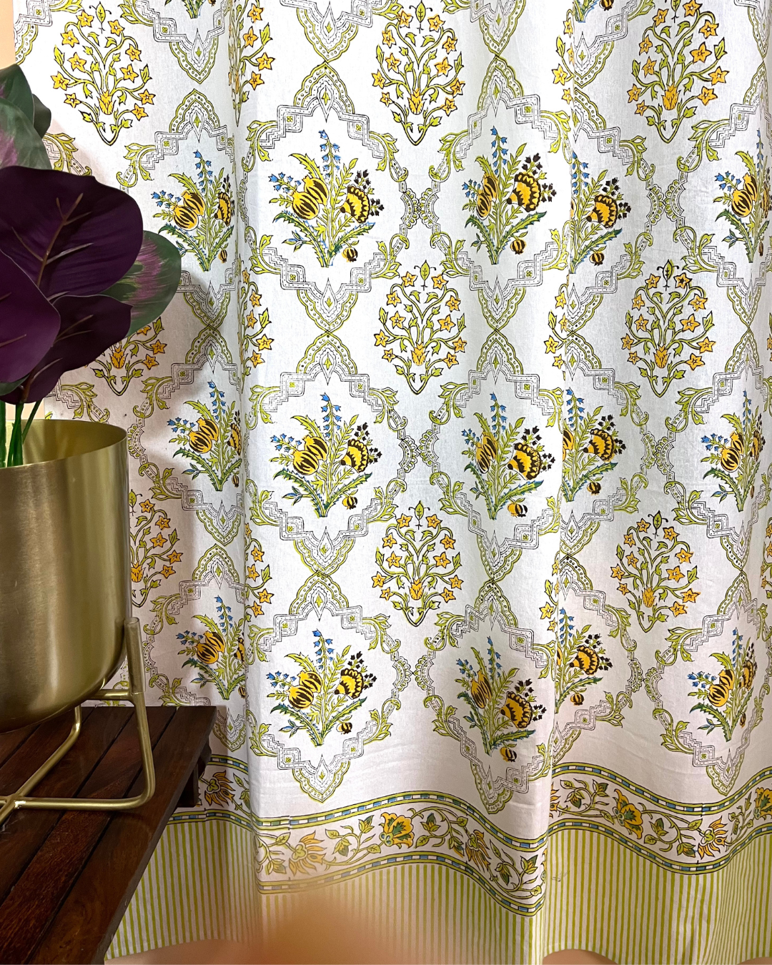 Cotton Curtain  Mustard-Green Floral Block Print